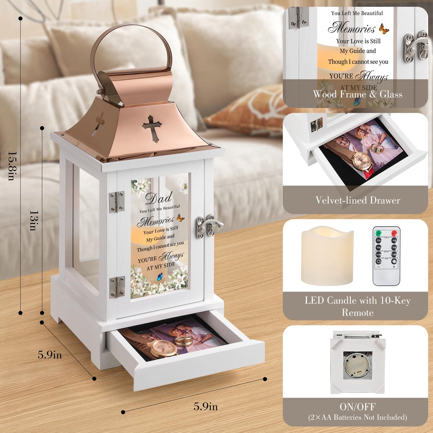 HugMemories Memorial Gifts for Loss of Dad, Memorial Lantern with Drawer for Keepsakes, Loss of Father Sympathy Gift, Bereavement Gifts in Memory of Dad