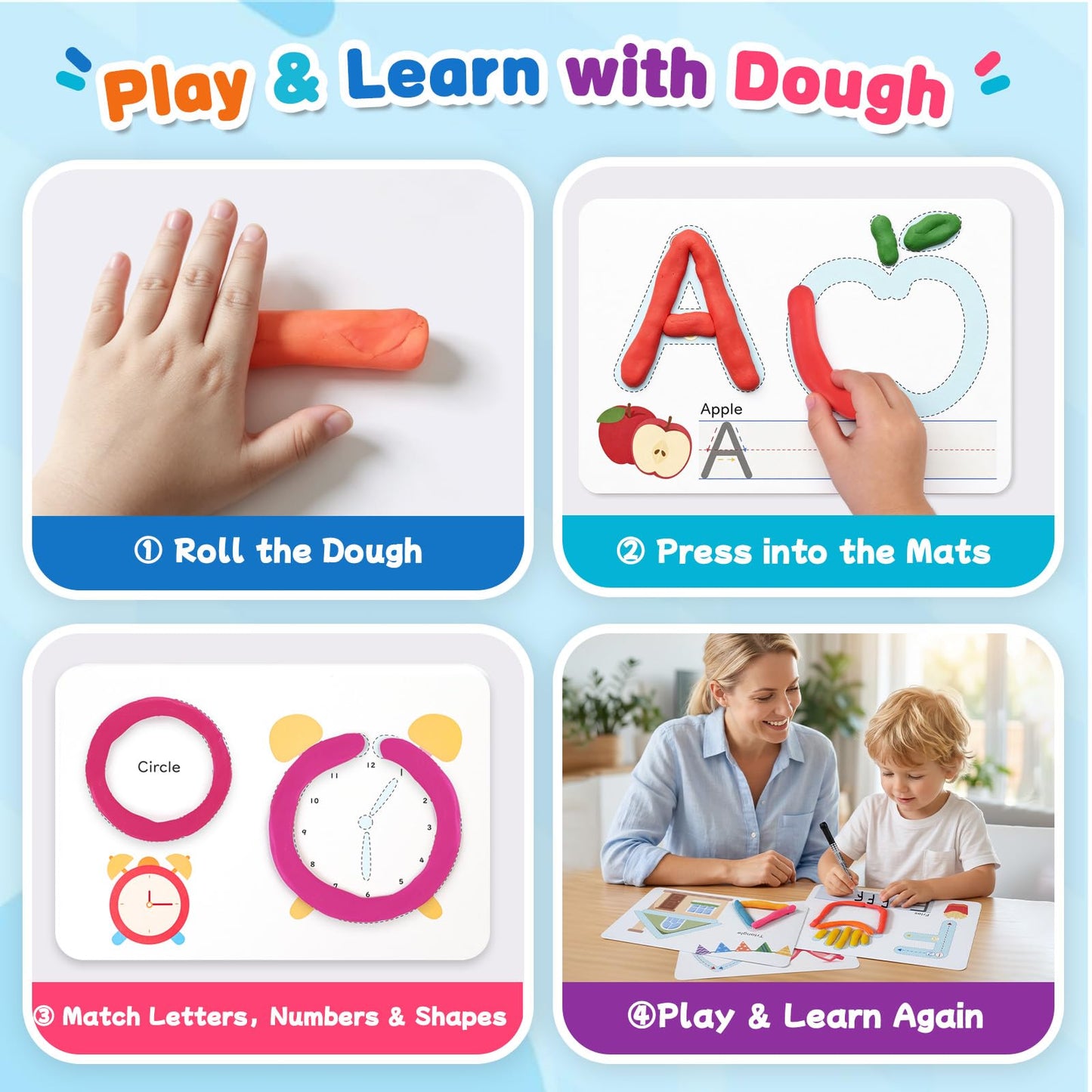 Crelloci Alphabet & Number Color Dough Mats for Kids 3+ – Double-Sided ABC Cards with Shapes, Write & Wipe Learning Set, Reusable Educational Preschool Toy with Marker