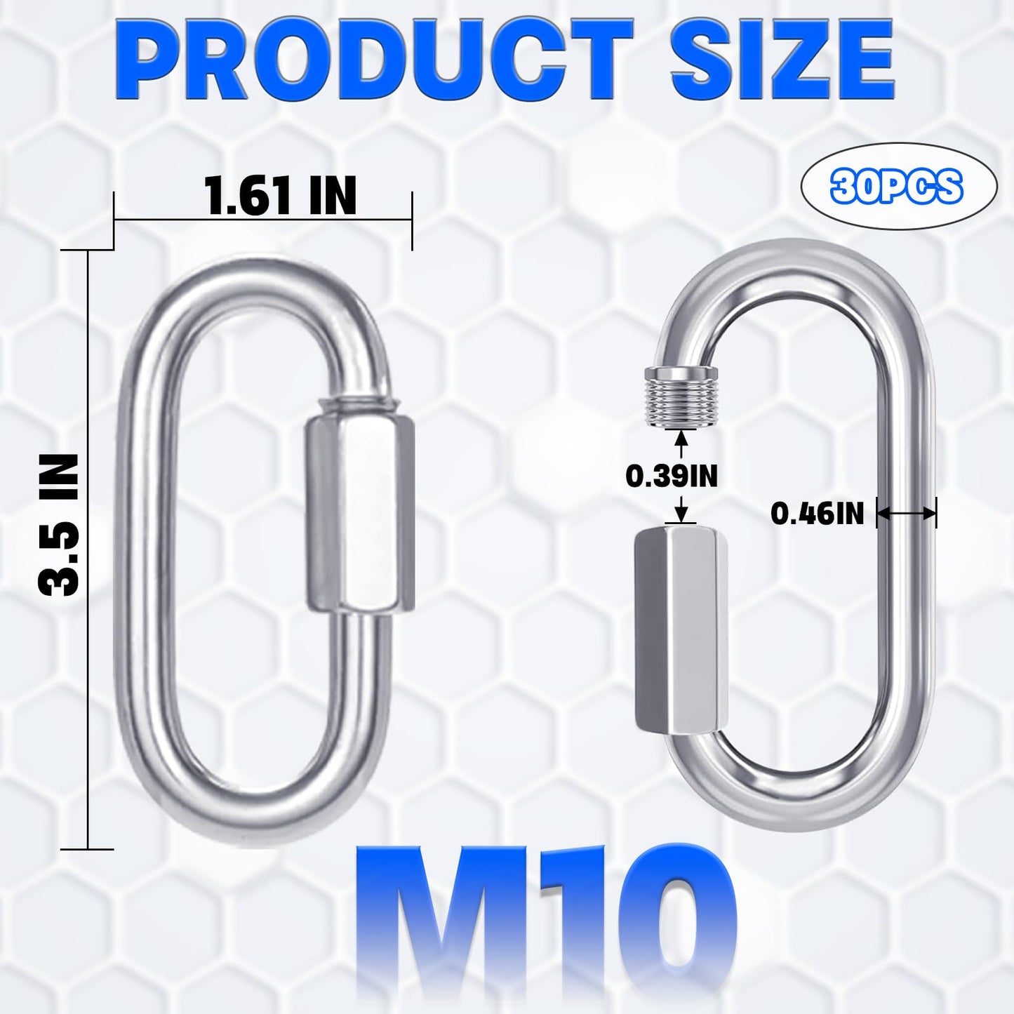 30-Pack M10 Quick Links Screw, 4Inch Threaded Quick Chain Link Connectors, 3/8” Heavy Duty Locking Carabiners, 2000 LBS Capacity Anti-Rust Chain Hooks for Towing, Swings, Shade Sails and Bird Toys