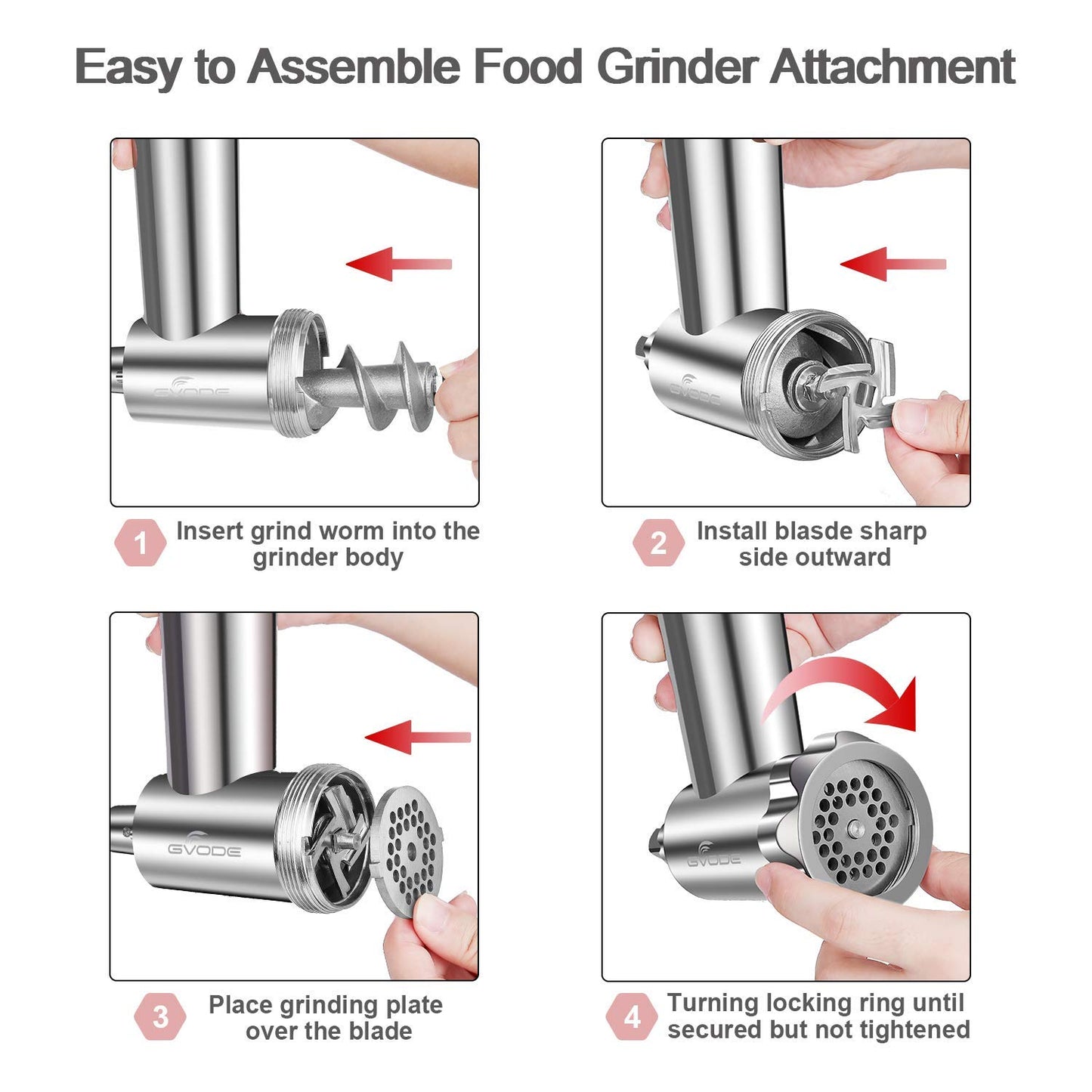 GVODE Stainless Steel Meat Grinder Attachment for KitchenAid Stand Mixer, Meat Grinder for KitchenAid Includes 4 Grinding Plates & 3 Sausage Tubes, Dishwasher-Safe Design with Sausage Stuffer Kit