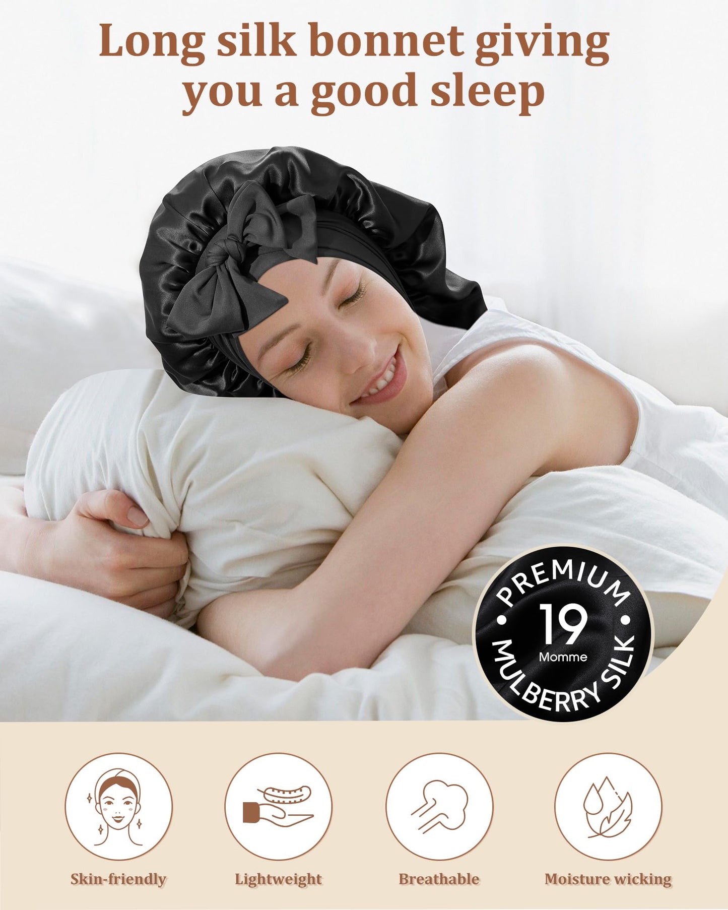 AWAYTR Long Silk Bonnet for Sleeping - 100% Mulberry Silk Bonnet for Women Long Hair Sleep Cap with Elastic Tie Band (Black)