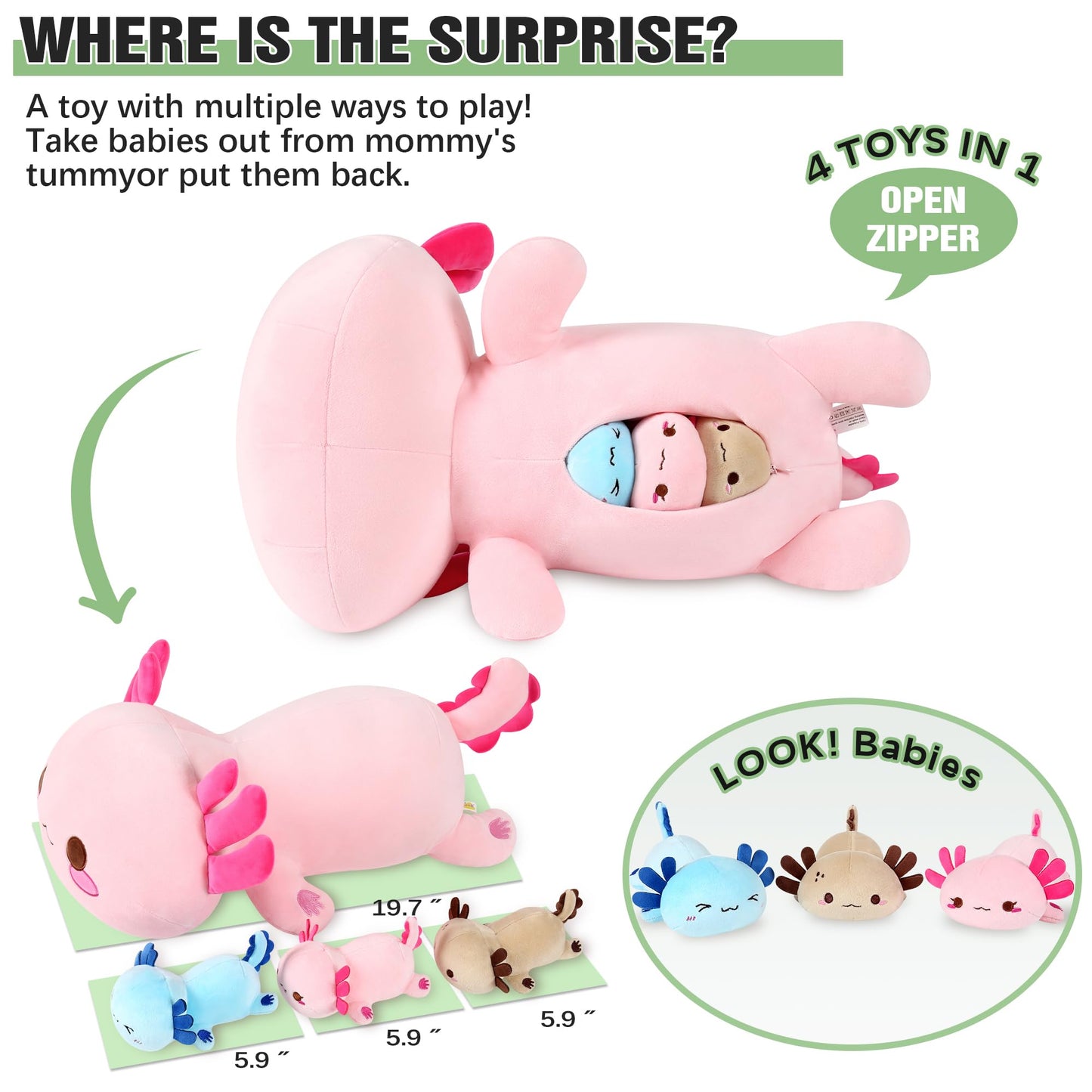 Onsoyours Axolotl Stuffed Animal Mommy 19.7" With 3 Baby Axolotl Plushies In Tummy, 4-Piece Cute Axolotl Family Plush Pillow Toys For Kids, Girls, Boys (Pink)