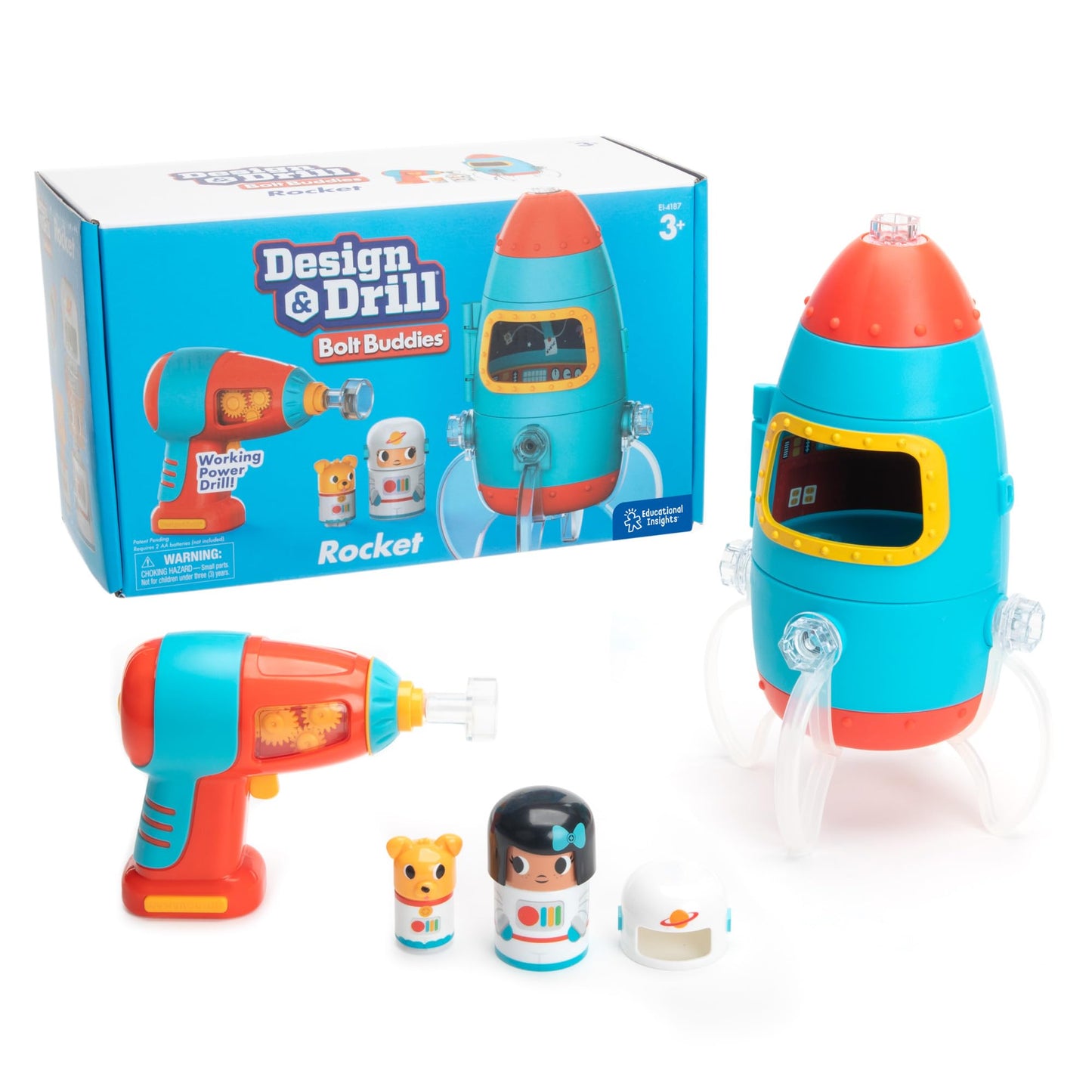 Educational Insights Design & Drill Bolt Buddies Rocket - Construction Toys & Toddler Tools, Kids Tool Set with Real Electric Drill Toy, Take Apart STEM Set, Building Kits and Gifts for Ages 3+