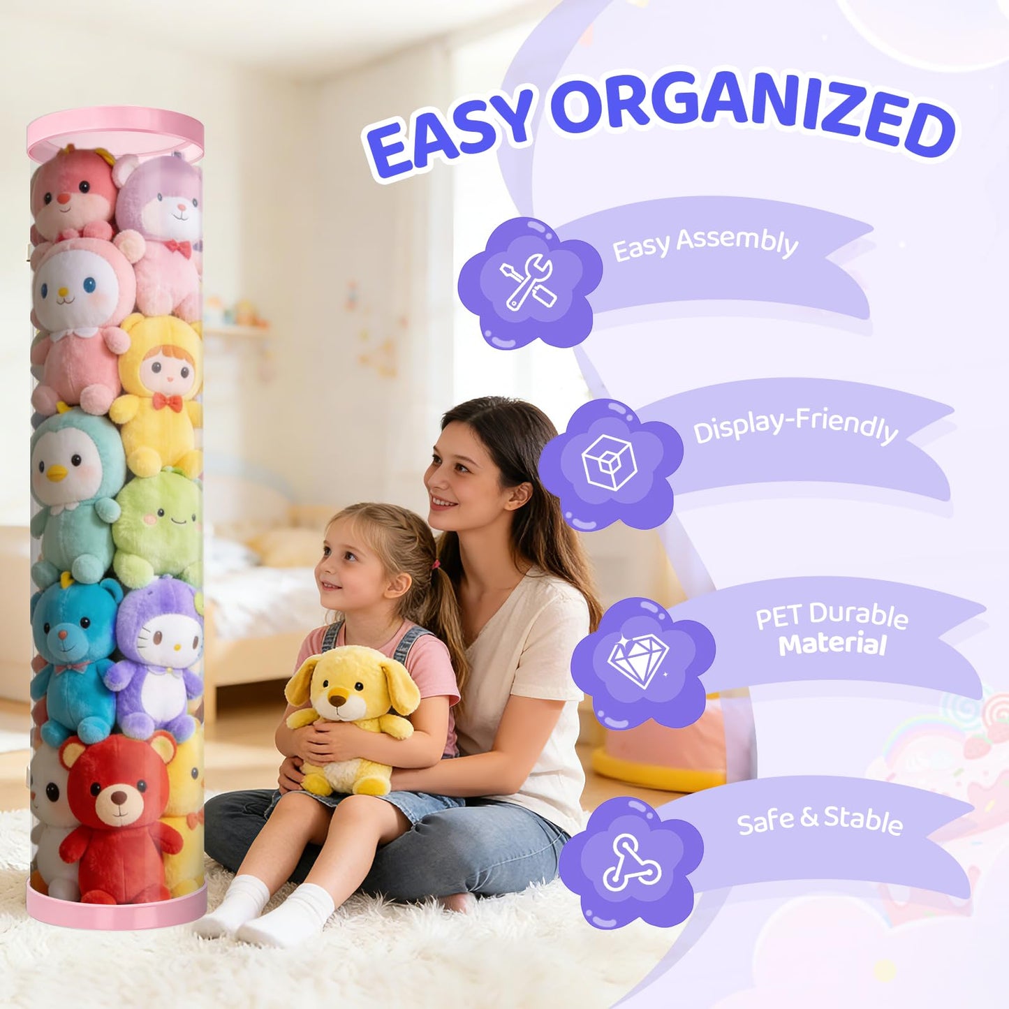 Mocuba Stuffed Animal Storage Tube, Dust-Resistant 47x11 Inches Large Capacity Toy Storage Organizer with Zipper, Easy Assembly & Space Saving for Plush Toys, Playrooms Living Rooms Bedrooms Pink