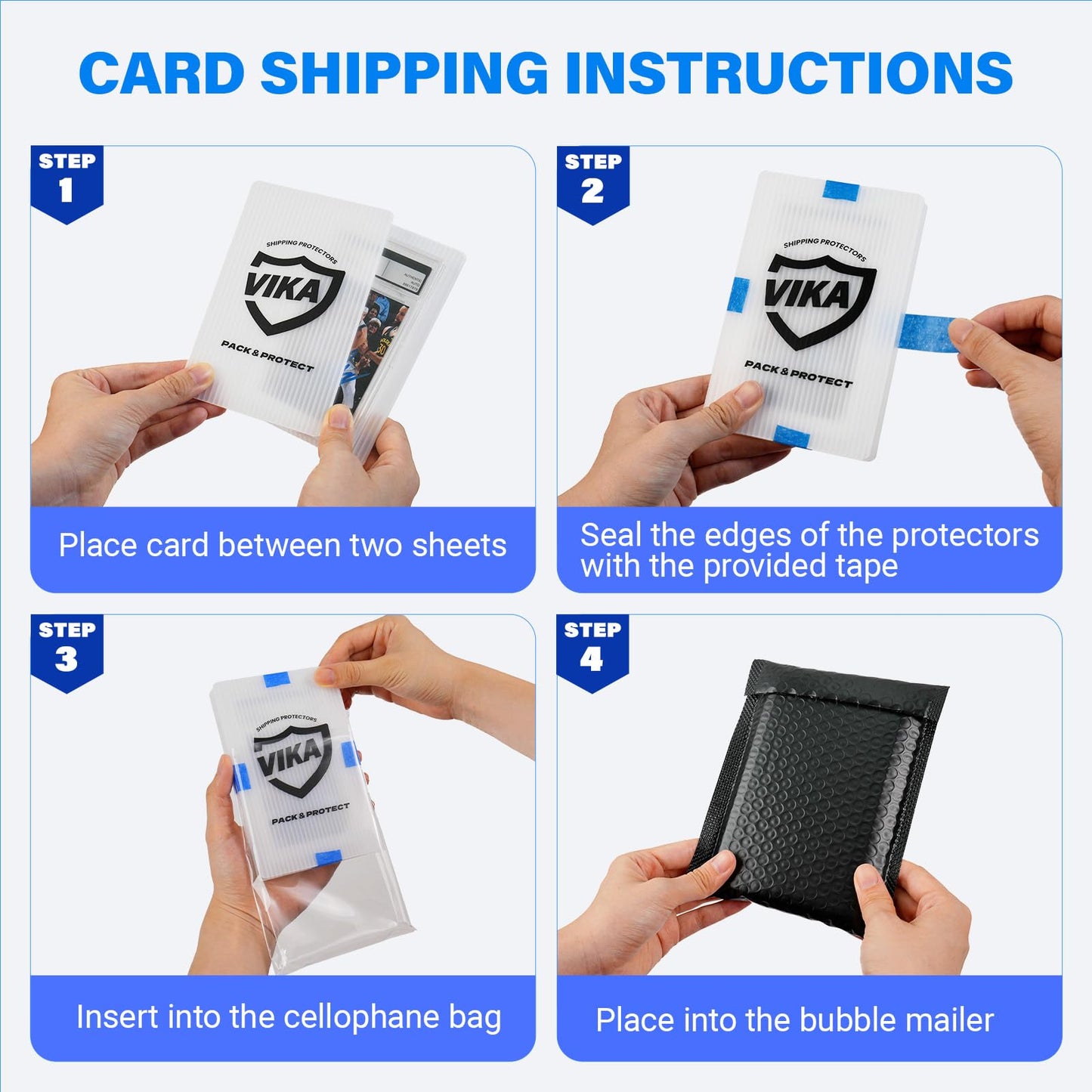 VIKA Trading Card Shipping Kit - 100 Pcs 4''x6'' Trading Card Shipping Protectors, 50 Pcs 6''x8.7'' Envelope Bubble Mailers, 20M Painter’s Tape, 50 Cellophane Bags, Fits PSA/BGS/CGC Slabs, Raw Cards
