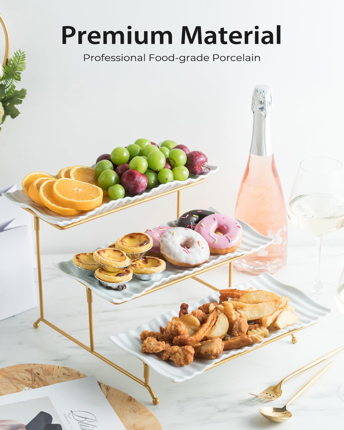 LAUCHUH 3 Tier Trays Stand, Porcelain Serving Trays Collapsible Sturdier Stand Serving Platters Dessert Table Display Set for Indoor Father's Day Party, Entertaining, Gold, 12.2 Inch