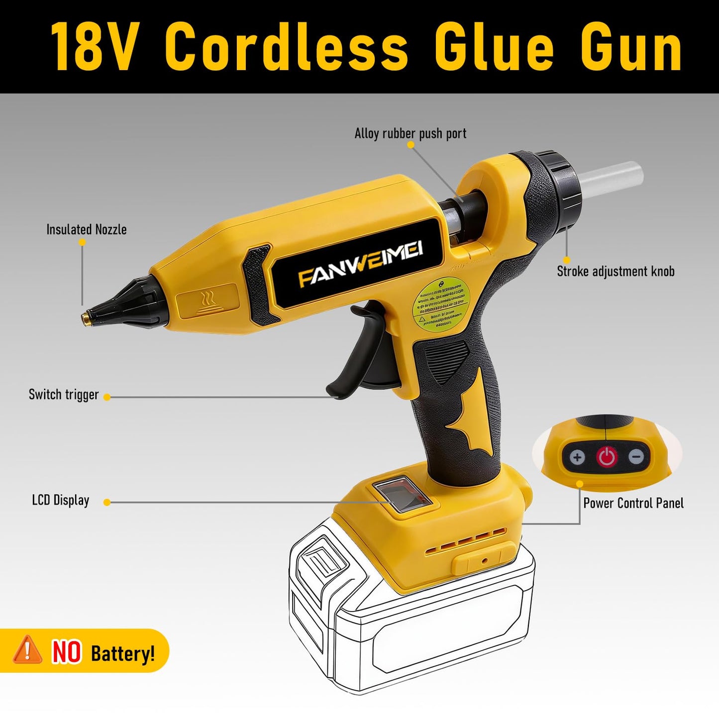 110W Cordless Hot Glue Gun Compatible with DeWalt 18V Battery, Upgraded Digital Adjustable Temp Heavy Duty Glue Gun with 20 Full-Size Sticks for DIY, Arts, Crafts & Home Repair (Battery Not Included)