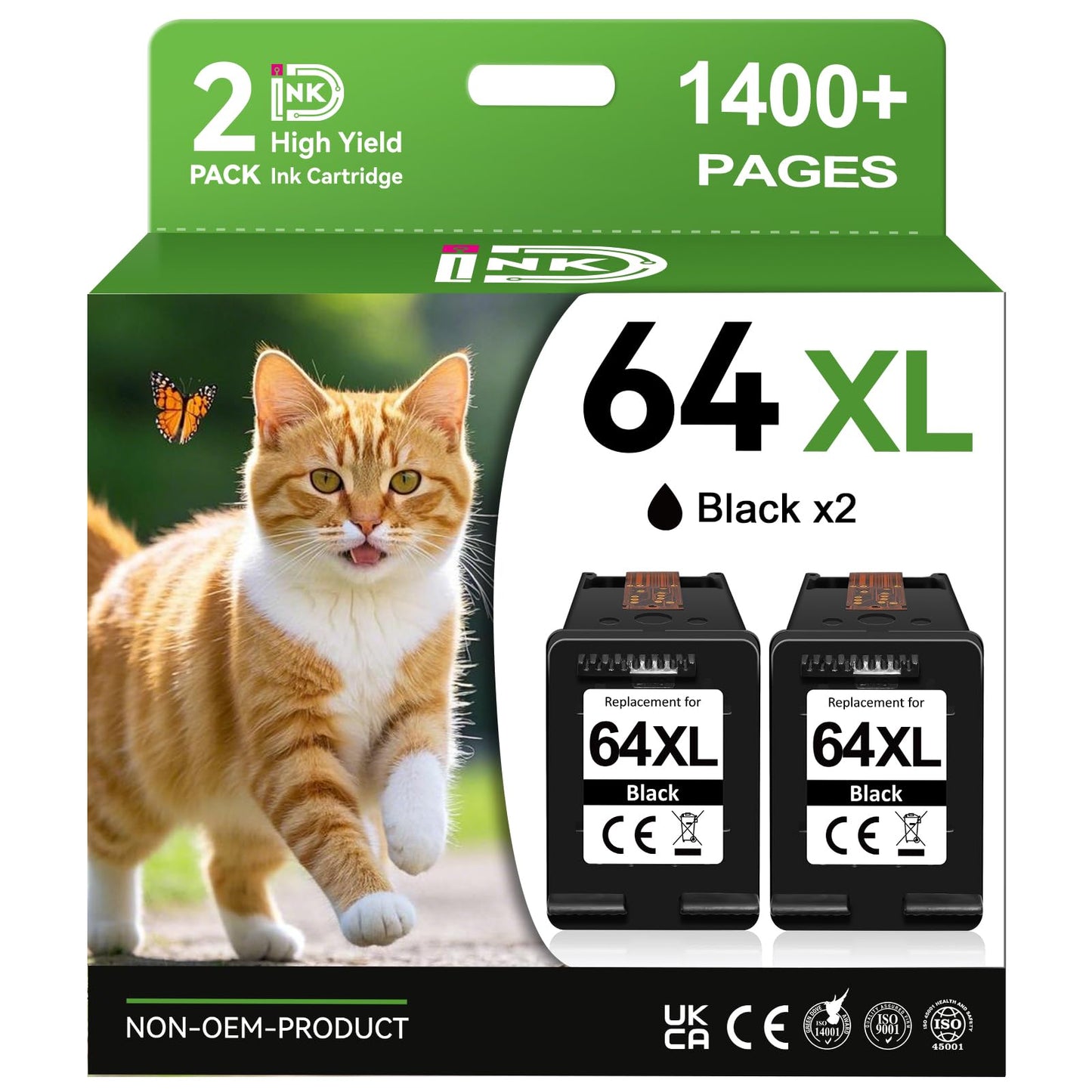 InKID Printer Ink 64 Compatible for HP 64XL Black Ink Cartridge Work for Envy Photo 7800 7858 7855 7100 7120 7155 7158 7164 6255 6252 Inspire 7955e Tango Series Printer(2 Pack)