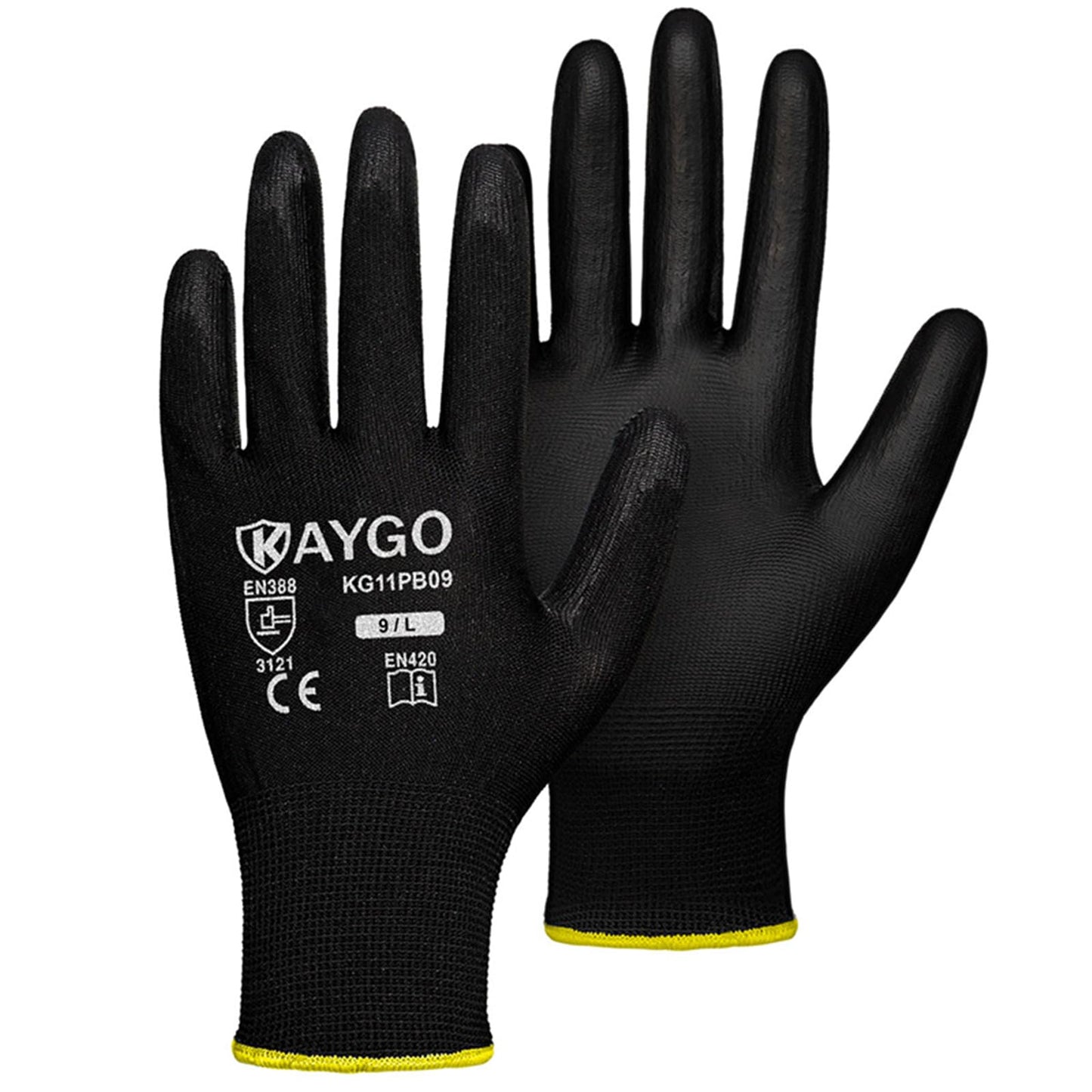 KAYGO Safety Work Gloves PU Coated, 60 Pairs KG11PB Seamless Knit Glove for Men and Women, with Smooth Grip on Palm and Fingers, Ideal for General Duty Work (Large, Black)