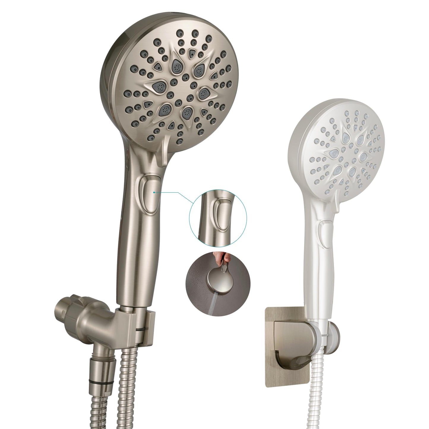 GwernKB Handheld Shower Head with on off Switch&Built-in Power Spray,7-Setting High Pressure Shower Wand with 79in Long Hose&Bracket and Extra Adhesive Shower Holder for Lower Mount,Brushed Nickel