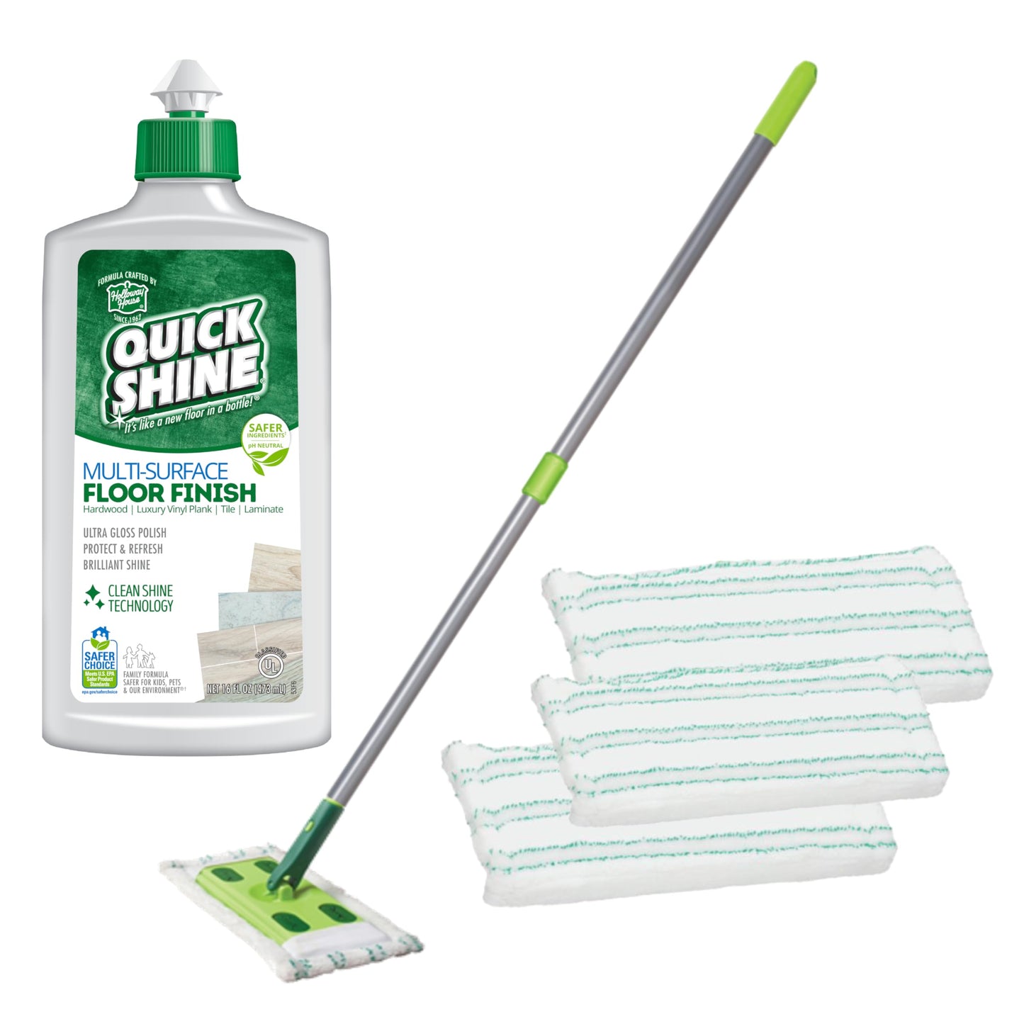 Quick Shine Multi Surface Floor Clean + Polish Mop Kit w/ 3 Reusable Pads & 1-16 oz. Floor Finish | Use Wet + Dry | Hardwood, Luxury Vinyl Plank, Laminate | Safer Choice pH Neutral Formula