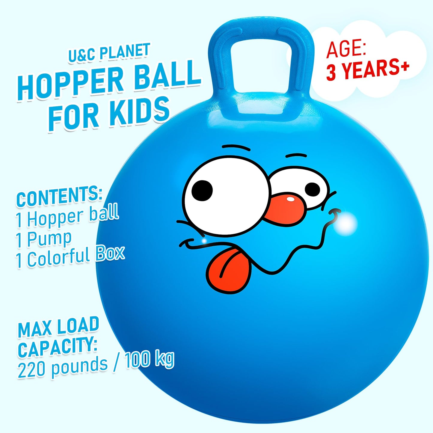 U&C Planet Jumping Ball Hopper Ball 22 inches Bouncy Ball with Handle for Kids Age 7-12 Sit and Bounce Hopping Ball with Pump