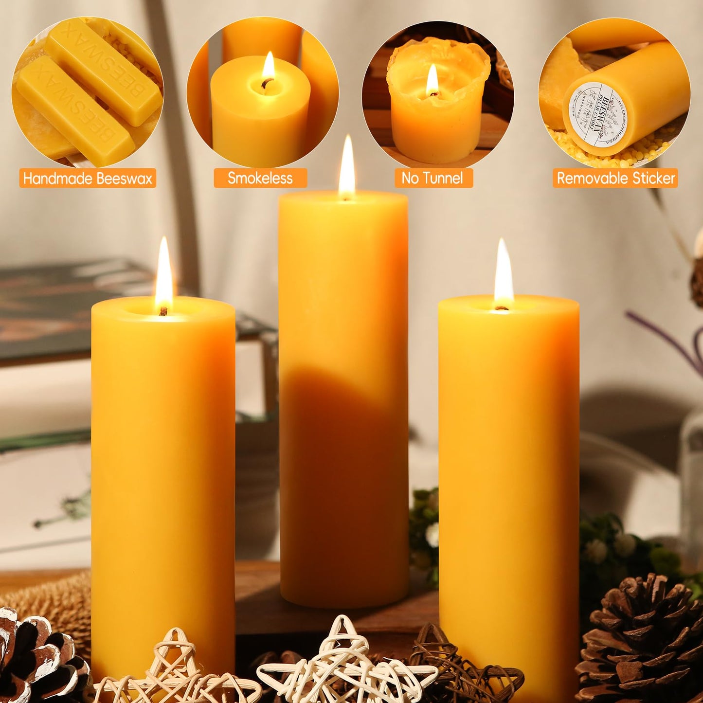6 Pack Natural Beeswax Pillar Candles,360 Hours Long Burning Unscented Beeswax Candles,100% Pure Bees Wax Candles for Home,Emergency,Dripless Pillar Candle Bulk,2x6in