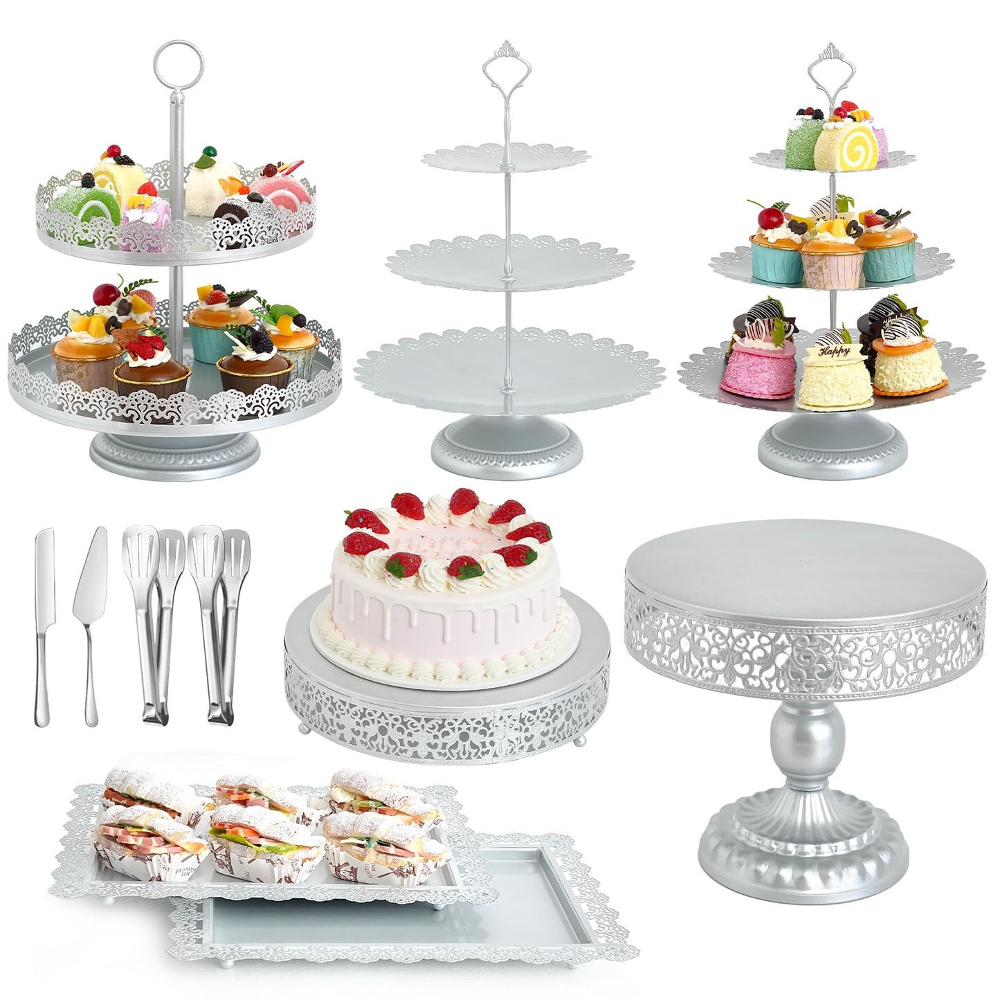 Aofure 11 Pcs Silver Metal Cake Stand Set, Dessert Table Display Set for Party, Cupcake Stand and Candy Table Display Sets for Wedding, Birthday Celebration