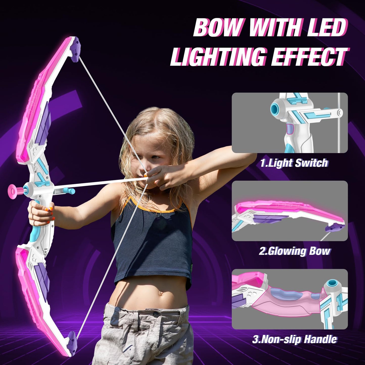 HYES Bow and Arrow for Kids, LED Light Up Archery Set with 12 Suction Cup Arrows, 3 Score Targets, 1 Hanging Target & Quiver, Indoor Outdoor Sport Toys Gifts for Girls Boys Ages 4-12, Purple