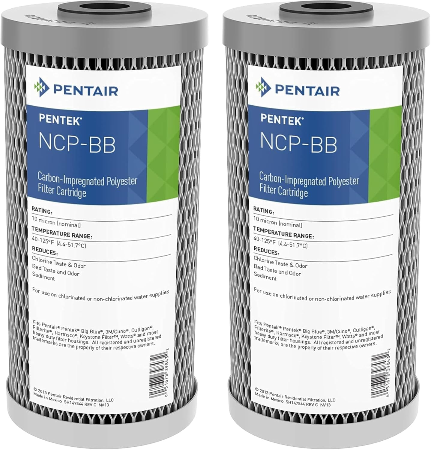 Pentair Pentek NCP-BB Big Blue Carbon Water Filter, 10-Inch, Whole House Non-Cellulose Carbon Impregnated Pleated Filter Cartridge, 10" x 4.5", 10 Micron, Pack of 2