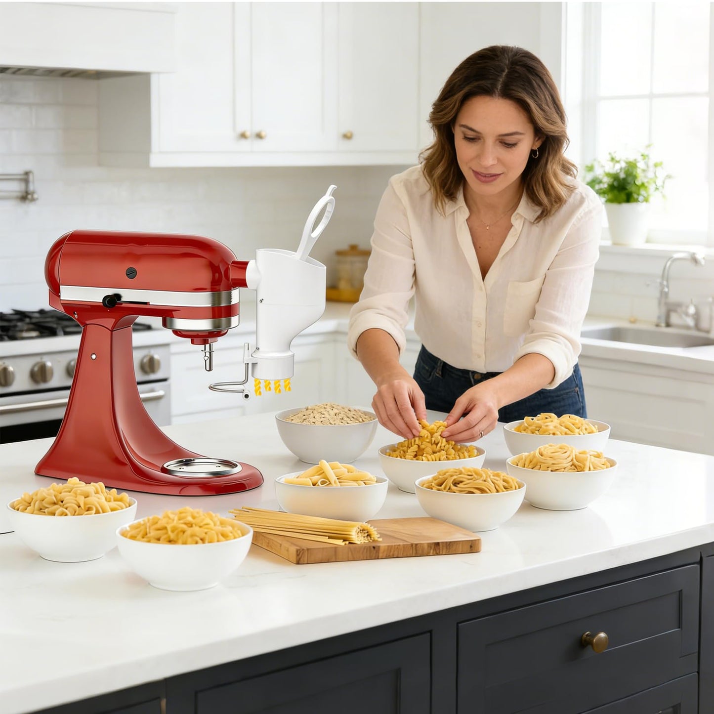 Gourmet Pasta Press Attachment for KitchenAid Stand Mixers, Pasta Maker Attachments with 7 Interchangeable Pasta Plates, Kitchen aid Pasta Attachment for Spaghetti Bucatini Fusilli l Macaroni