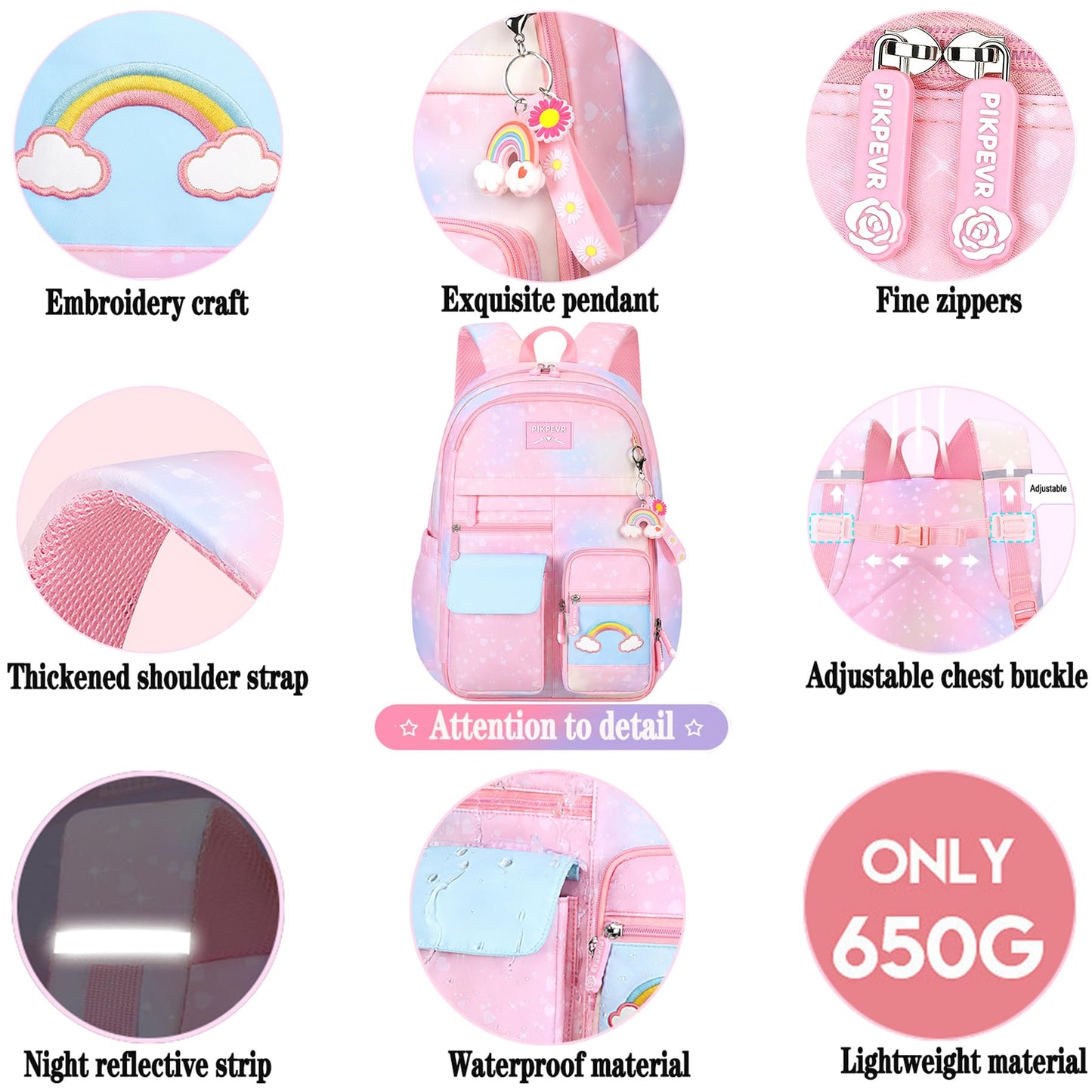 Jcobvig Rainbow Backpack For Girls Kids,Cute Student School Backpack With Pen Bag,Pink Aesthetic Starry Rainbow Laptop Travel Bag (Pink Medium 16.5in