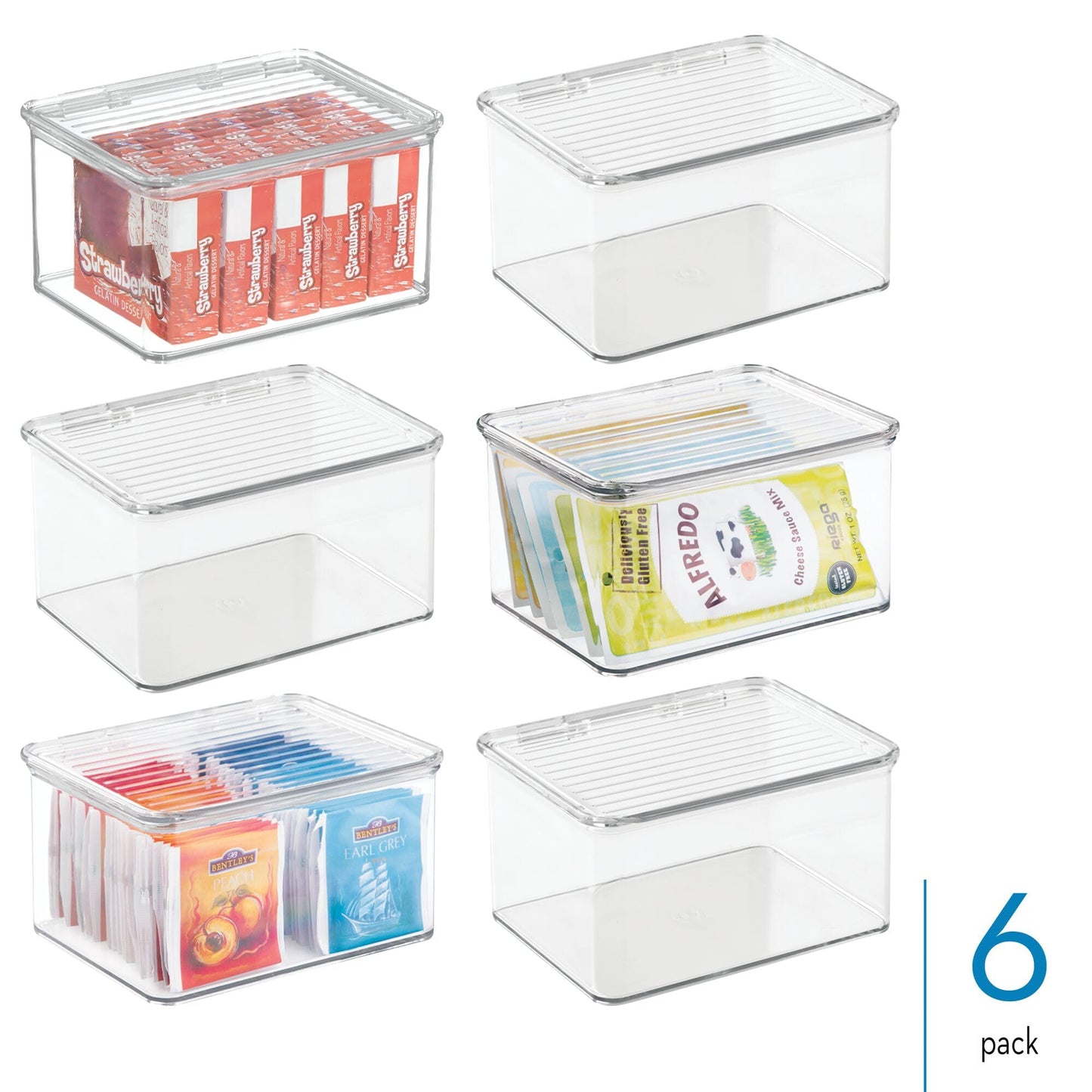 iDesign Plastic Stackable Hinged-Lid Pantry or Kitchen Storage Box - Set of 6 - Clear