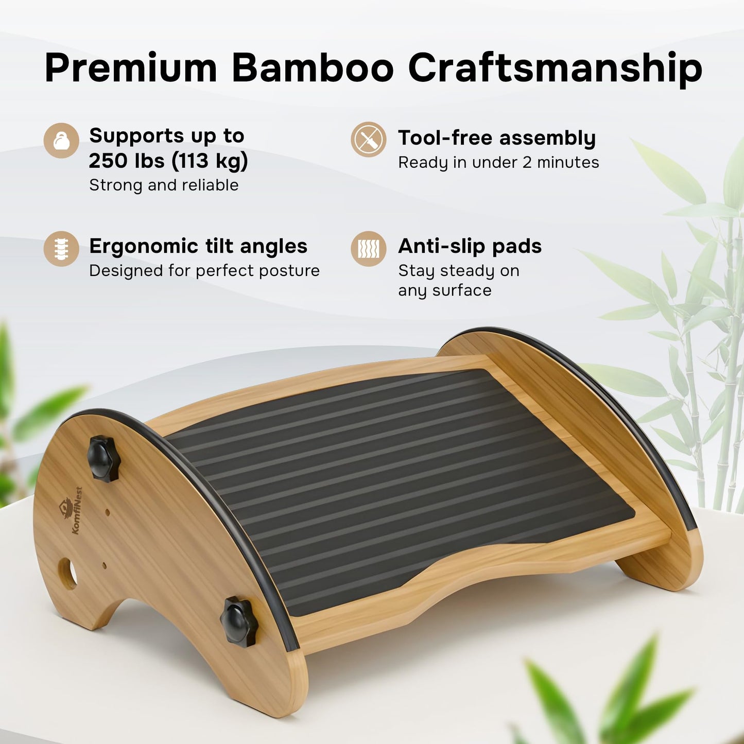 Bamboo Foot Rest for Under Desk at Work, Adjustable Foot Stool, 2-in-1 Reversible Rocking Footrest, Static Leg Rest, 16in Wide Surface, Non-Slip Breathable Pad, Home Office Ergonomic Support at Work