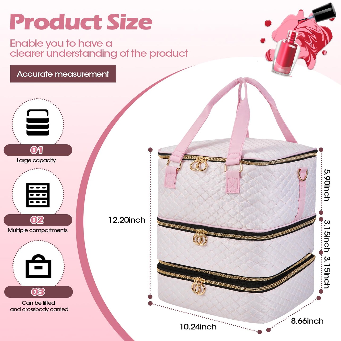 Cheungren Nail Polish Organizer Case - Three Layer Nail Polish Storage Bag with Adjustable Dividers Holds 84 Bottles Nail Polish Nail Lamp Nail Kit Supplies Organizer Box - Pink