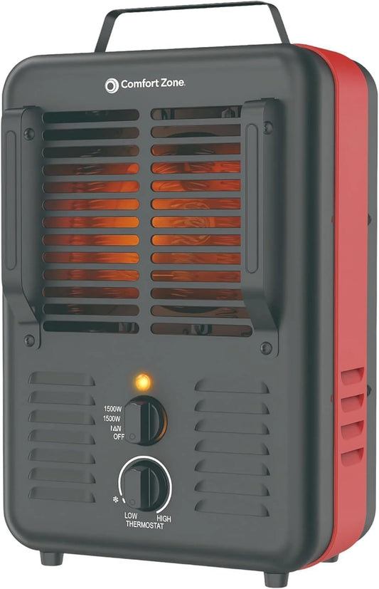 Comfort Zone 1500W Milkhouse Style Electric Utility Heater – Portable Workshop & Garage Space Heater with Adjustable Thermostat, 2 Heat Settings & Fan – All-Metal Heavy-Duty Design – Yellow/Black