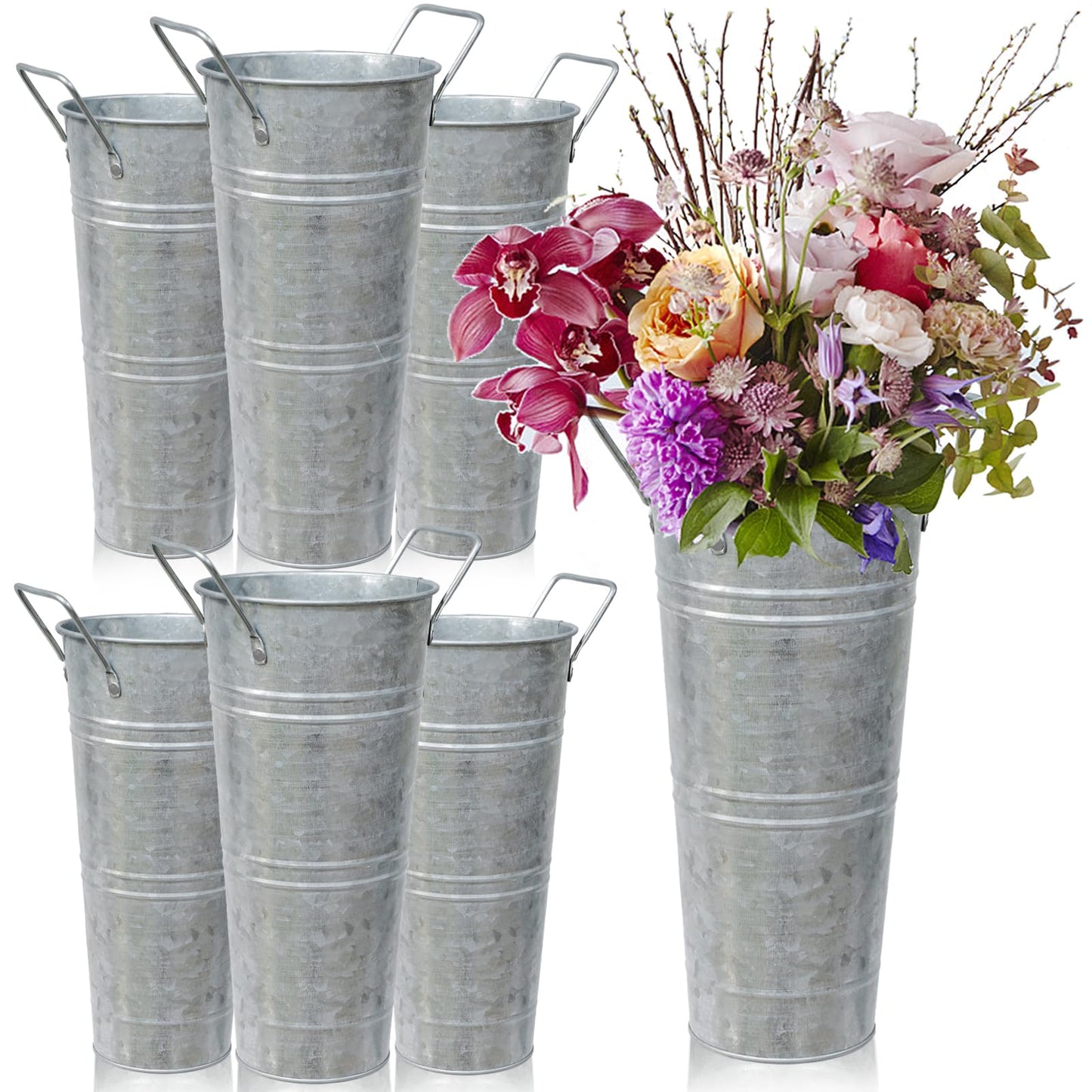 6pcs 9inch-Galvanized Metal Vases Farmhouse French Flowers Bucket Vase with Handles Rustic Tin Flower Holder for Cut Plants Housewarming Gift for Balcony Garden Courtyard