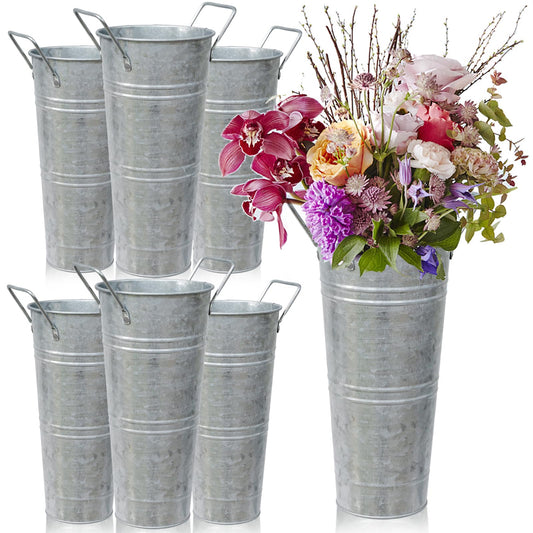 6pcs 9inch-Galvanized Metal Vases Farmhouse French Flowers Bucket Vase with Handles Rustic Tin Flower Holder for Cut Plants Housewarming Gift for Balcony Garden Courtyard