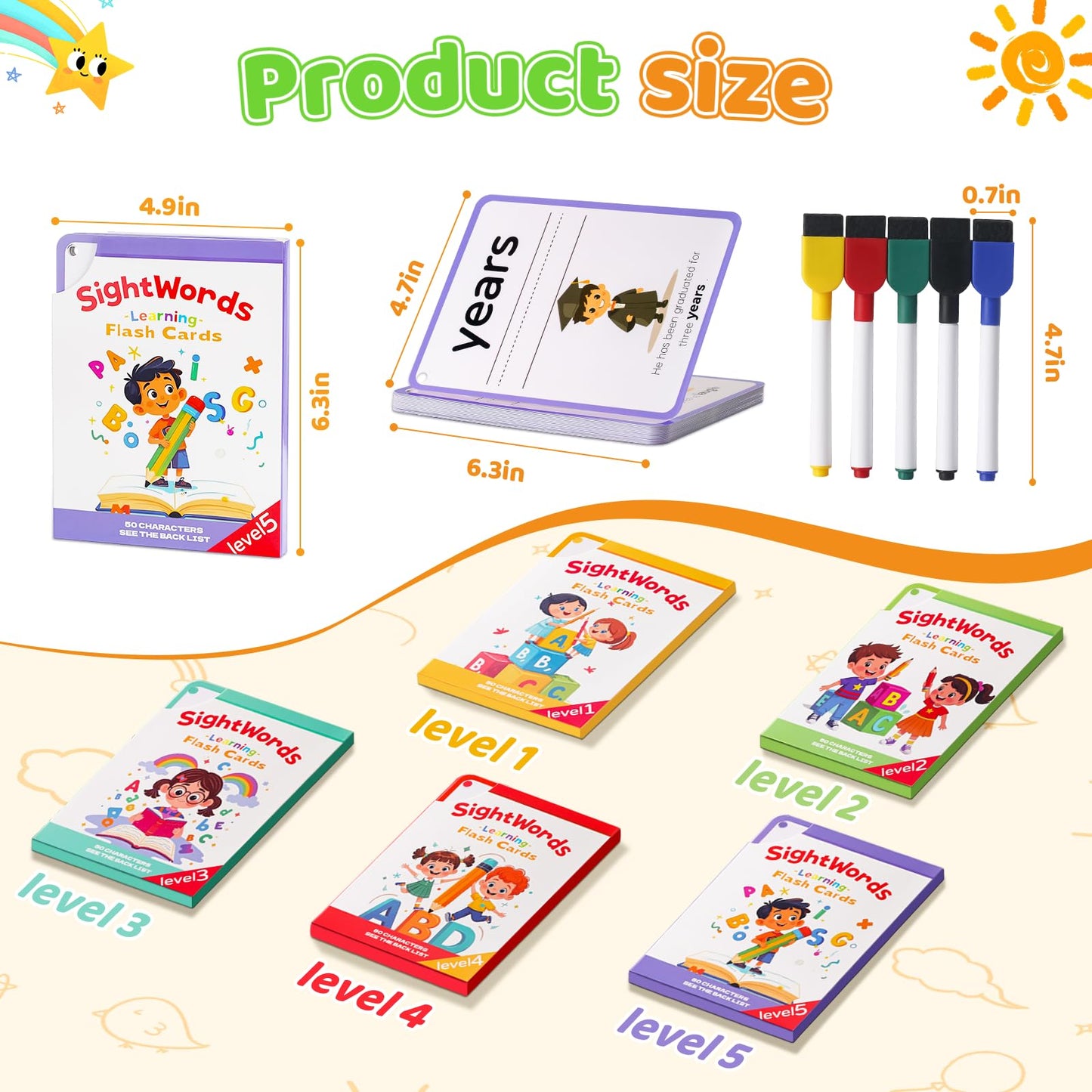Sight Words Flash Cards Kindergarten, 250 Sight Word Flash Cards for Toddlers, 5 Levels Word Flashcards for Writing Reading Spelling Game, Home School Educational Learning Toy for Kids Ages 3+