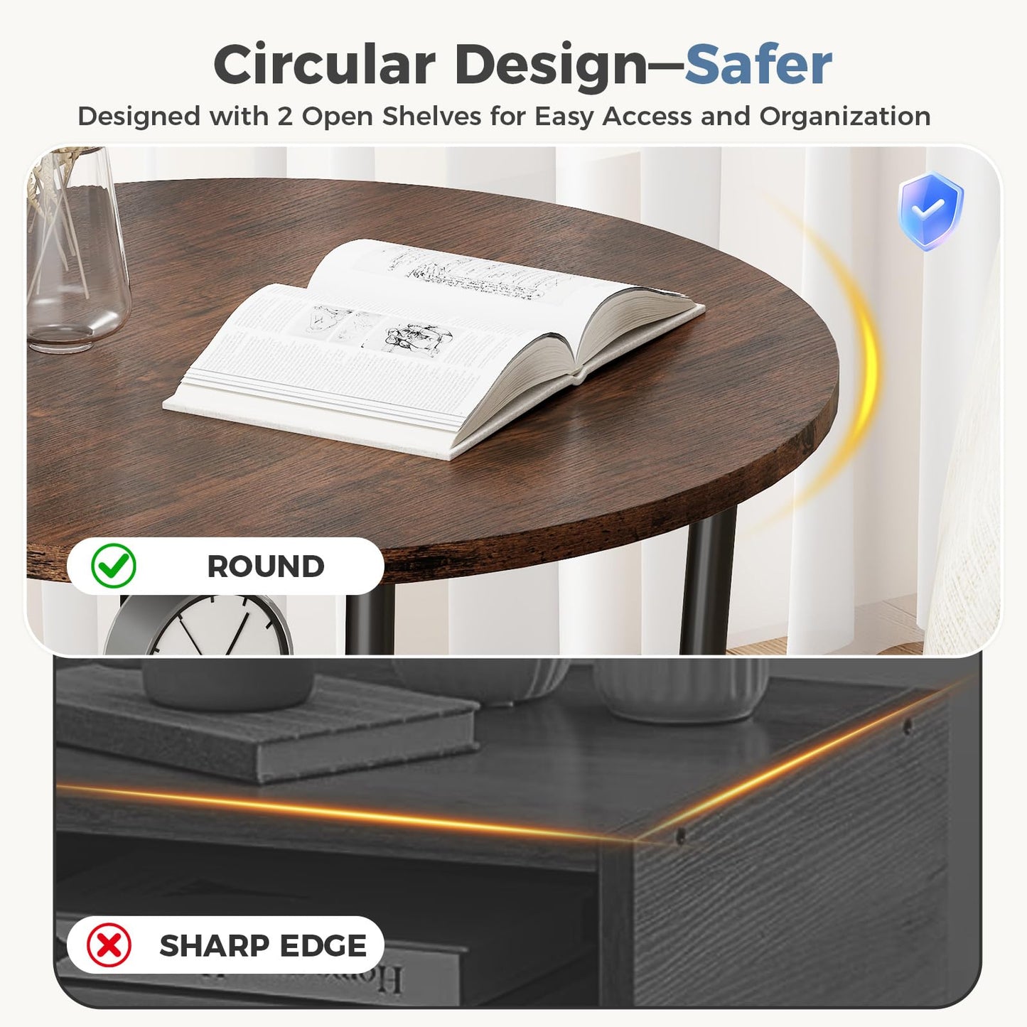 OLIXIS 21.85-Inch Round End Table, 2-Tier Side Round Table for Living Room, Accent Table with Storage Shelf, Sturdy Metal Frame Nightstand for Small Space, Round Bedside, Rustic Brown and Ink Black