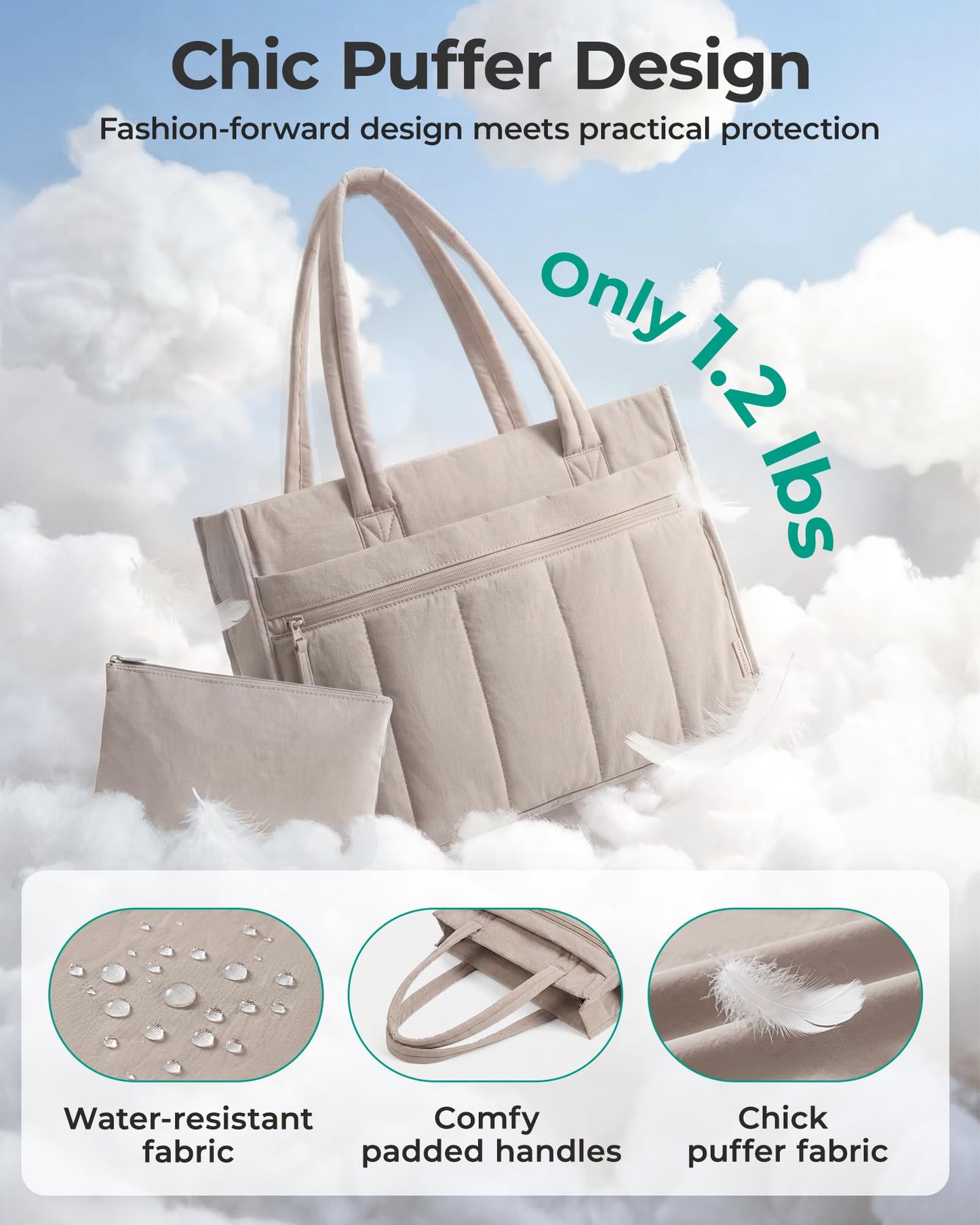 BAGSMART Tote Bag for Women Puffer 15.6 Inch Laptop Work Bag Large Purse Shoulder Handbag Crush Bow Tote with Insulated Lunch Bag for Travel Office Gym, Dark Brown