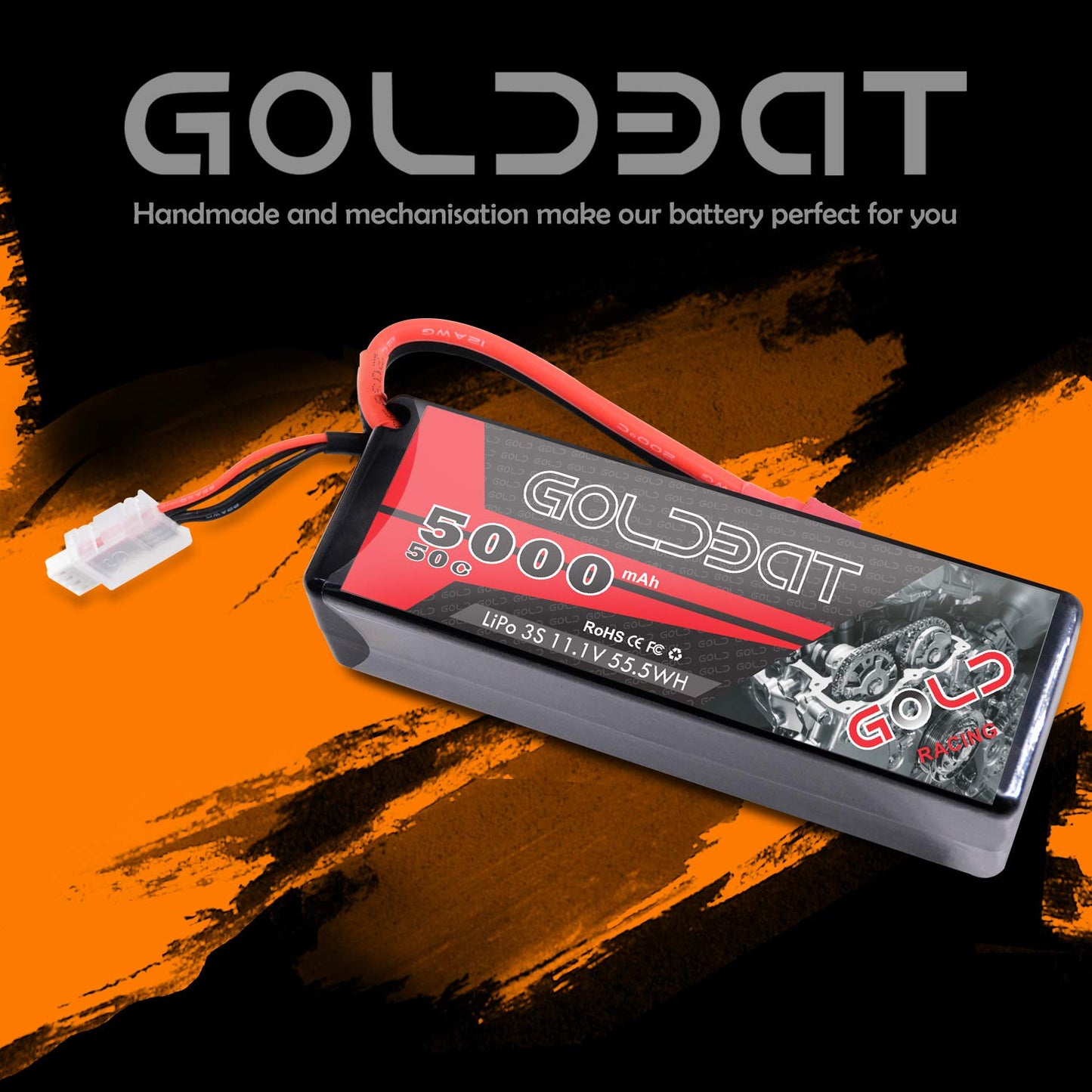 GOLDBAT 11.1V 5000mAh 3S 50C Lipo RC Battery Pack Hard Case with Deans T Connector for E-maxx Axial RC Car Truck Buggy Truggy Hobby (2 Pack)