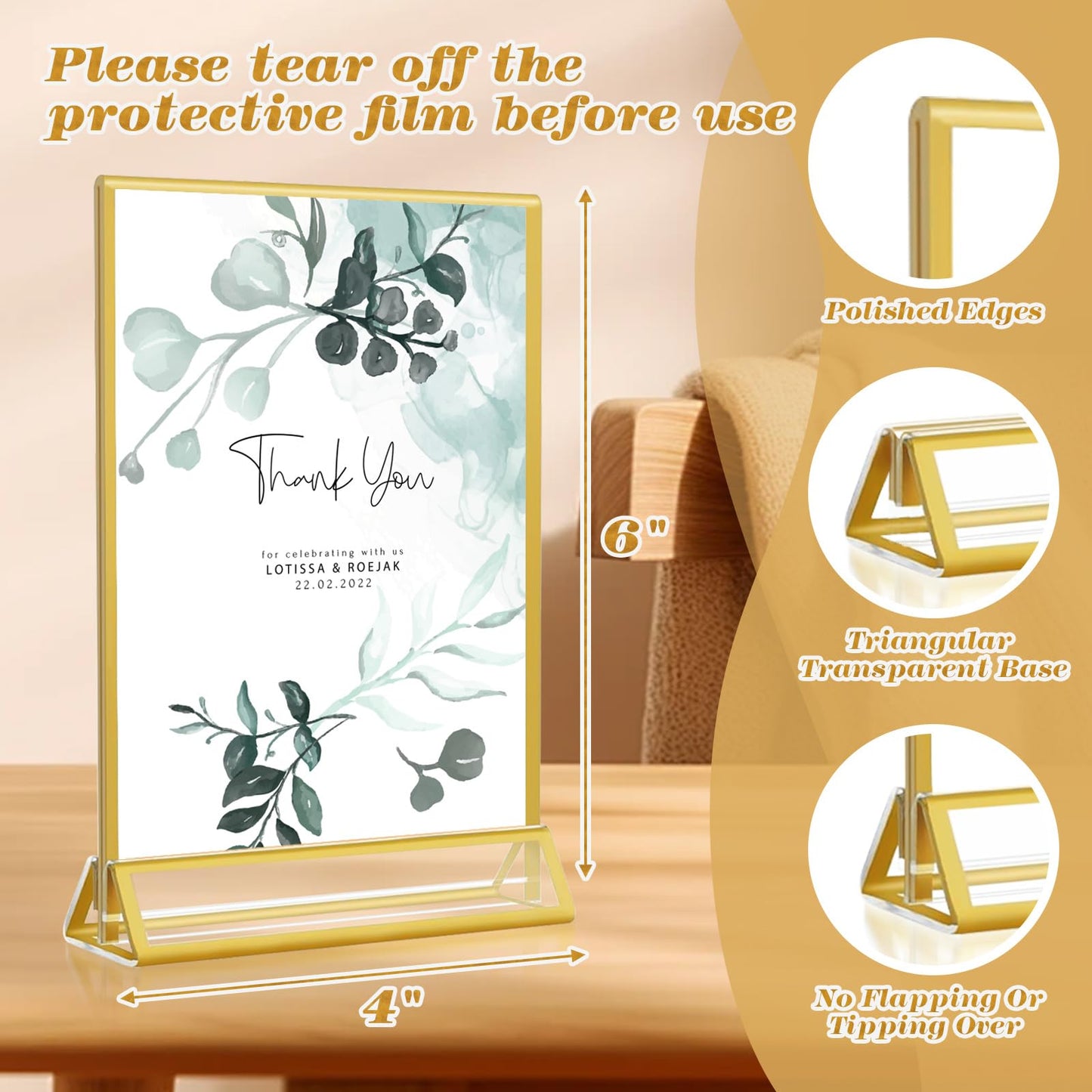 Gold Acrylic Sign Holder 4x6, 16 Pack Wedding Gold Frame Table Number Holders Vertical, Clear Picture Frames Flyer Stands Tables Menu Holder, Double Photo Paper Display Holder for Party, Home, Office
