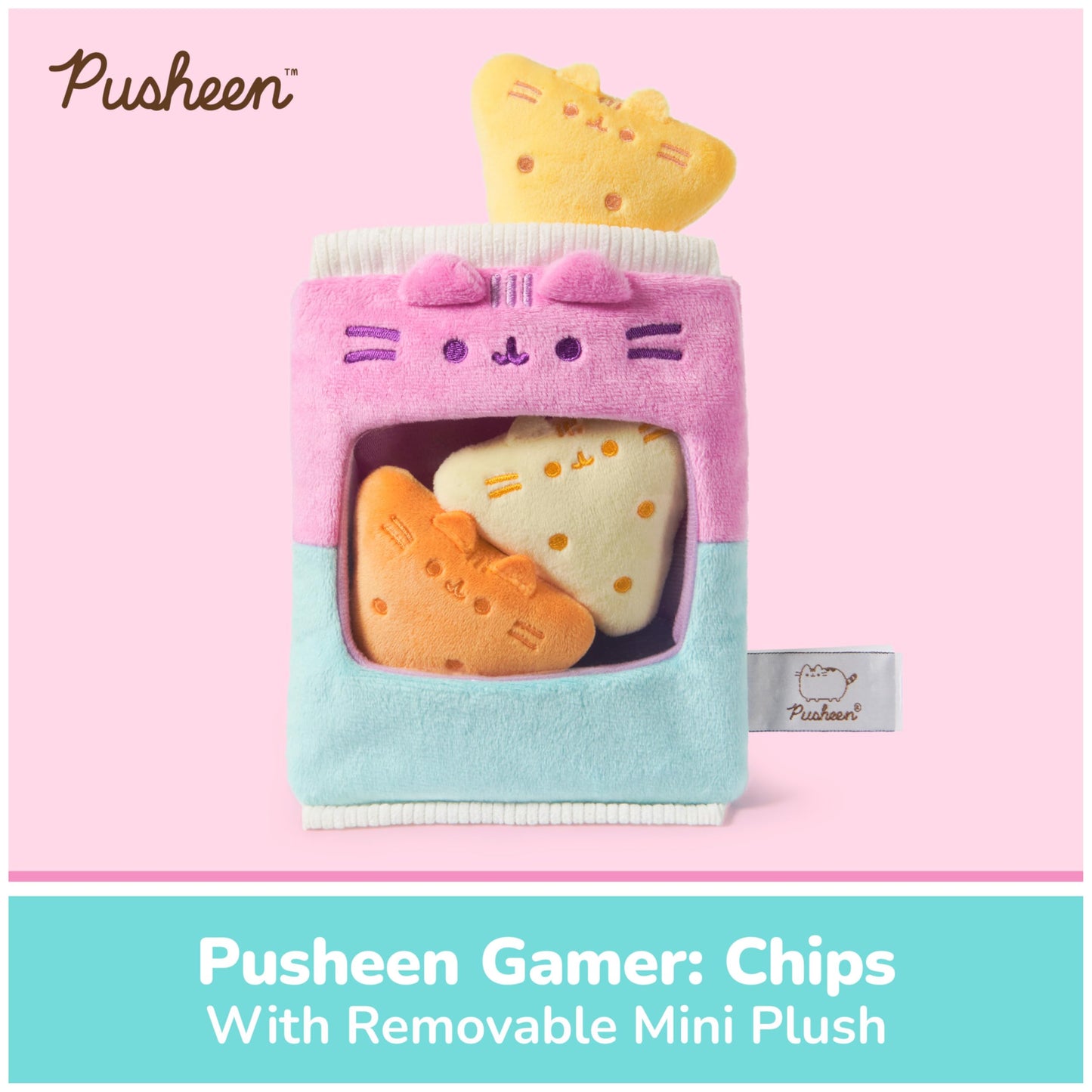 GUND Pusheen Gamer Chips with Removable Mini Plushies, Toy Tortilla Chips, Food Plushies, Gaming Decor, Stuffed Animals for Ages 8 and Up, Pink, 8"