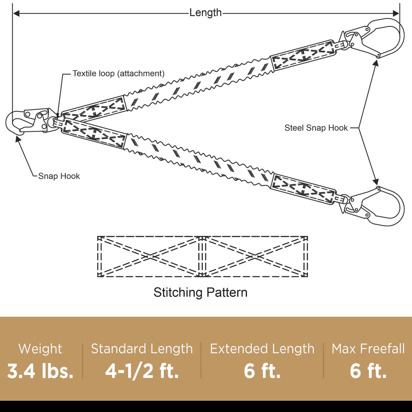 AFP 6FT Double Leg Internal Shock Absorbing Safety Fall Protection Lanyard with Dual Pelican Rebar & Snap Hook |Heavy-Duty Webbing | OSHA & ANSI Rated (Steel)