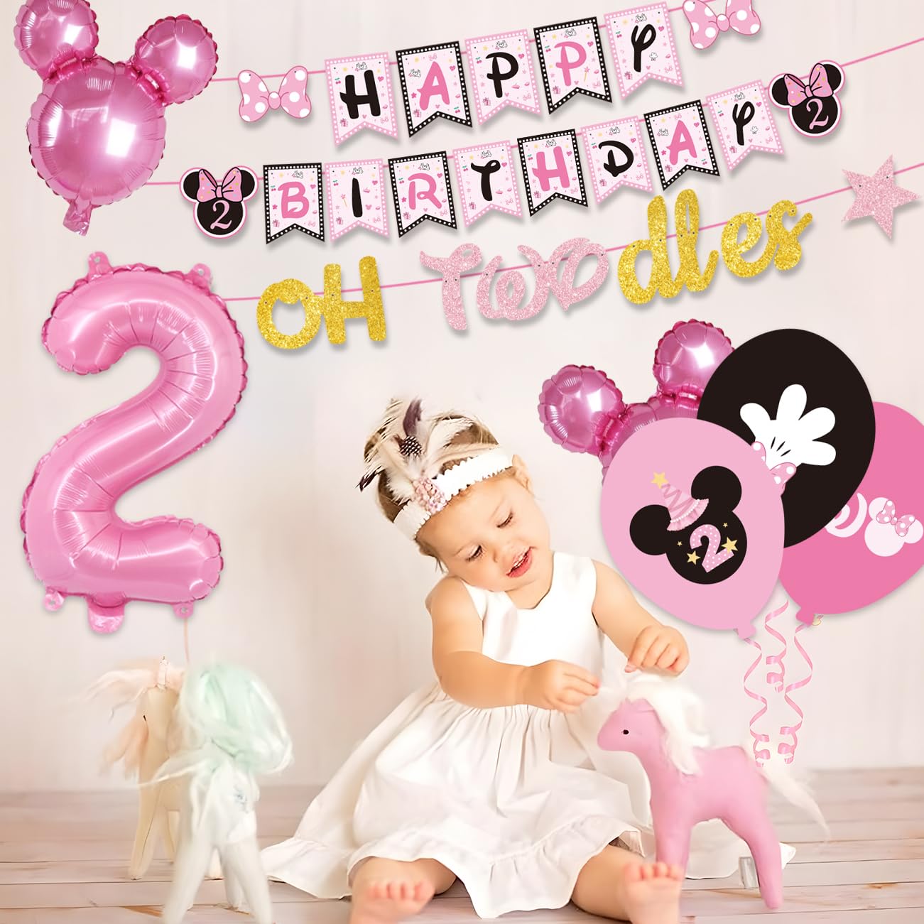 108Pcs Pink Mouse Birthday Decorations Tableware Oh Twodles Birthday Party Supplies Include Banner Plates Napkins Cups Balloons Cupcake Toppers Cake Topper and Waterproof Tablecloth