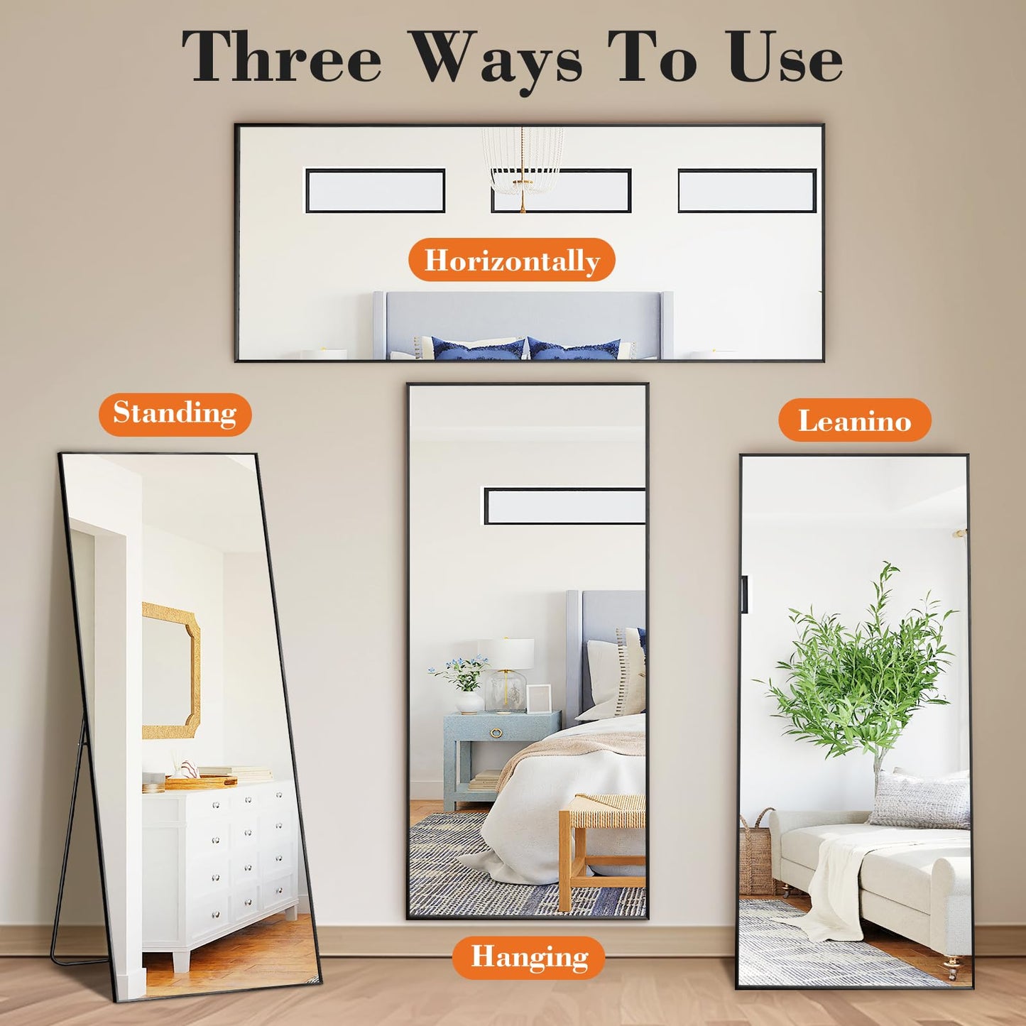Aidoly Mirror Full Length, Upgraded 21"x64" Body Wall Mirrors with Shatter-Proof Glass, Floor Standing, Hanging or Leaning, Tall Mirror with Stand Aluminum Alloy Frame for Bedroom, Black