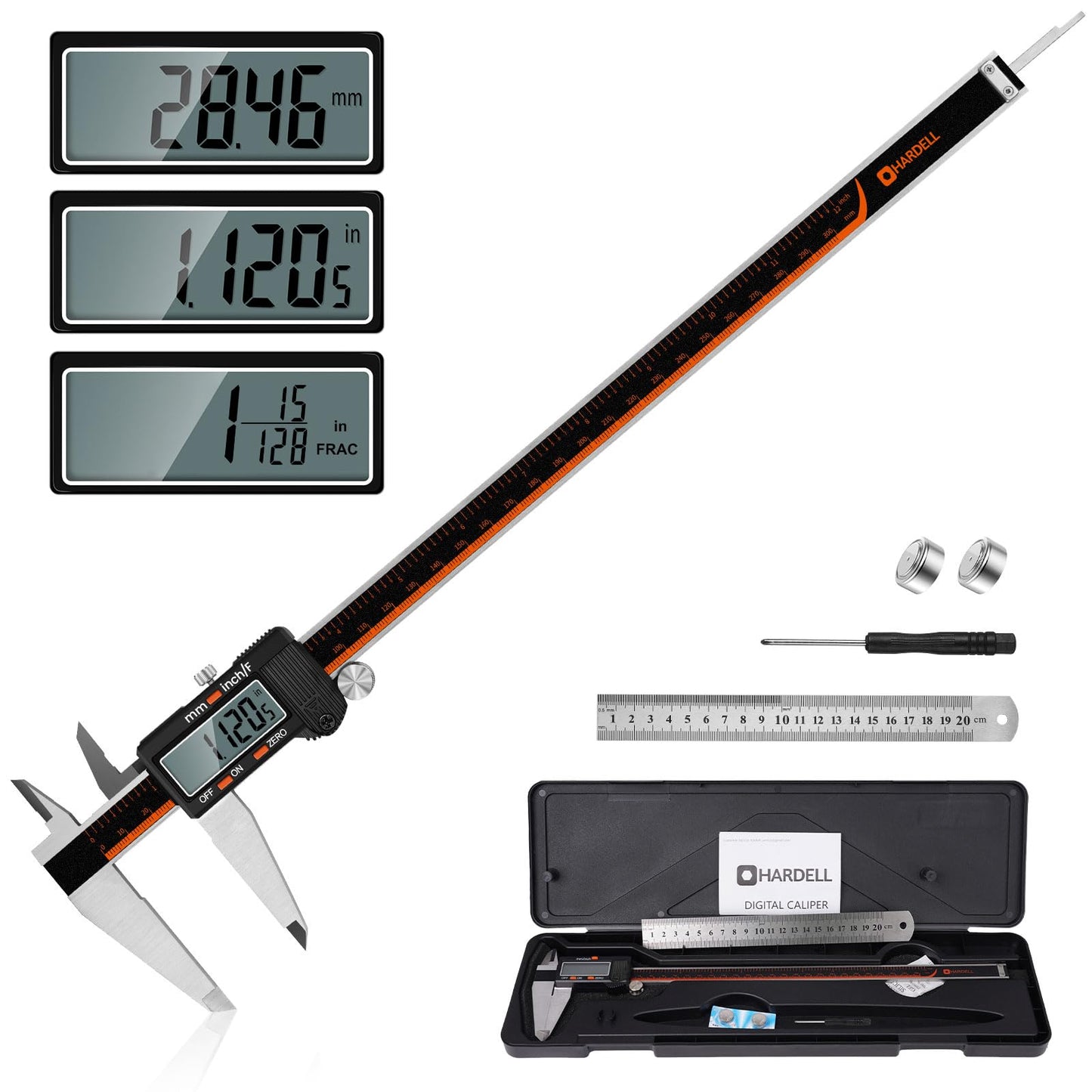 HARDELL Digital Caliper 12 Inch, Stainless Steel Caliper Measuring Tool with Large LCD Screen, Auto-Off Feature, Inch/Millimeter, Electronic Vernier Caliper for DIY, Jewelry, Parts, 3D Printing