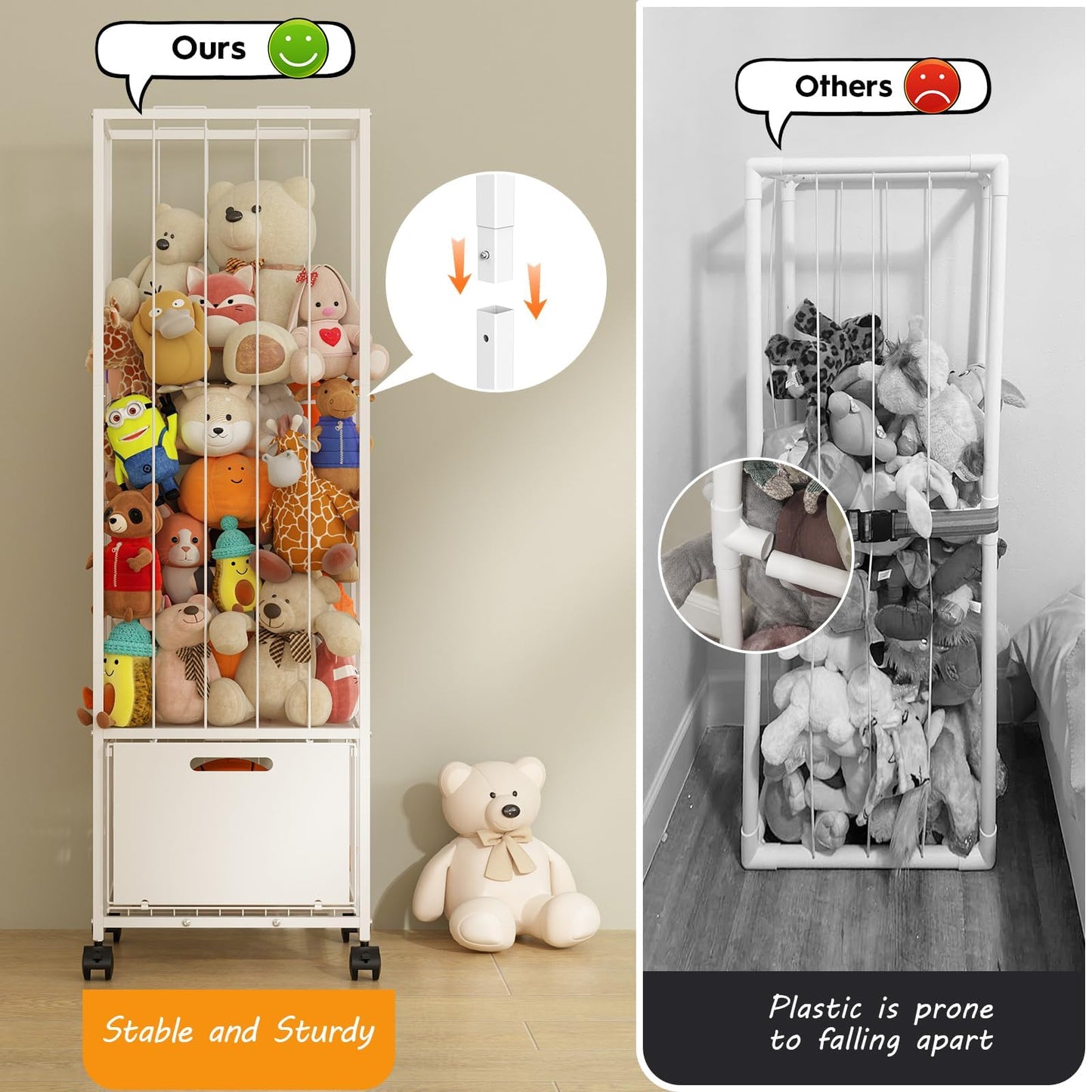 BUKFEN Metal Stuffed Animal Storage Zoo Toy Organizer - Large Capacity Plush Holder with Adjustable Elastic Cords & 4 Wheels, Vertical Space-Saving Design for Kids Nursery Playroom Bedroom,White