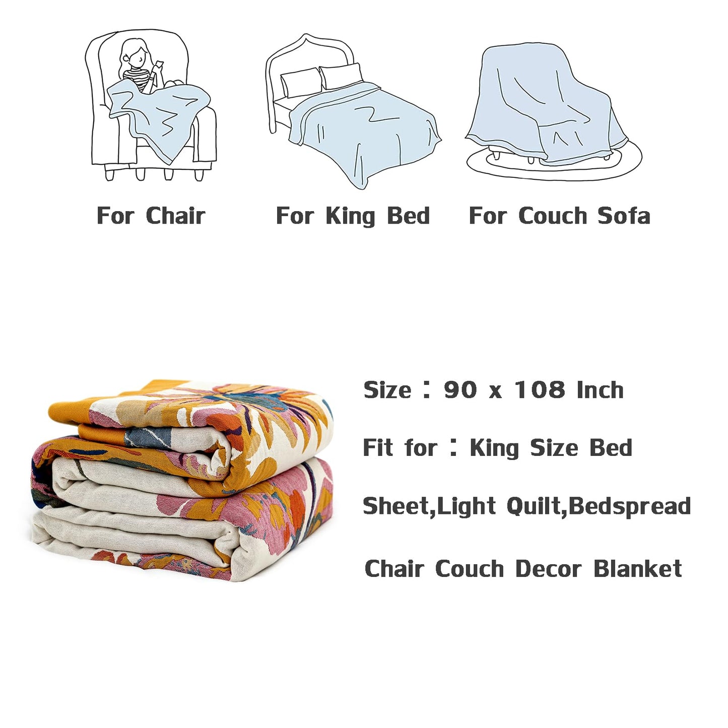 King Throw Blanket for Bed 100% Cotton Boho Ultra Soft Rustic Quilt Butterfly and Floral Double Embroidery Fall King Bed Blanket,90"×108" All Season Blankets for Bedding Couch