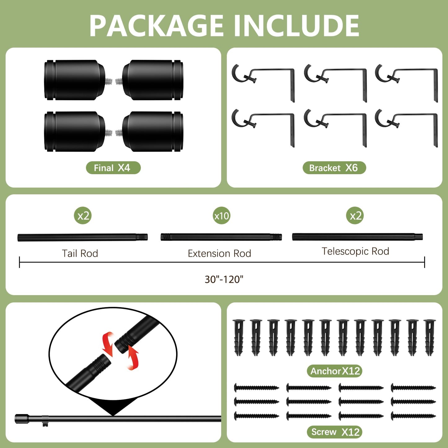 1” Diameter Curtain Rods 30-120 Inch, for 30-116 Inch Windows, Adjustable Splicing Black Rods for Windows with Brackets, Window Rod Long Heavy Duty Curtains Rod, 2 Pack