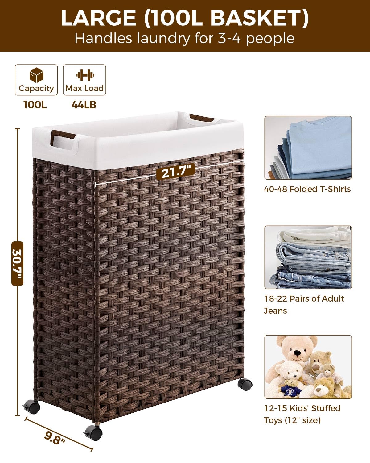 Greenstell Laundry Hamper with Wheels, 17.4 Gallon (66L) Slim Laundry Basket with 2 Removable Liner Bags & 2 Mesh Bags, Narrow Rattan Clothes Hamper for Bedroom, Laundry Room, Bathroom, Natural