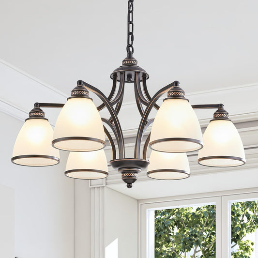 6-Light Chandeliers for Dining Room with Frosted Glass Black and Gold Strokes Modern 30’’Ceiling Hanging Light Fixtures Classic Pendant Lighting for Kitchen, Island, Dining Table, Adjustable Height
