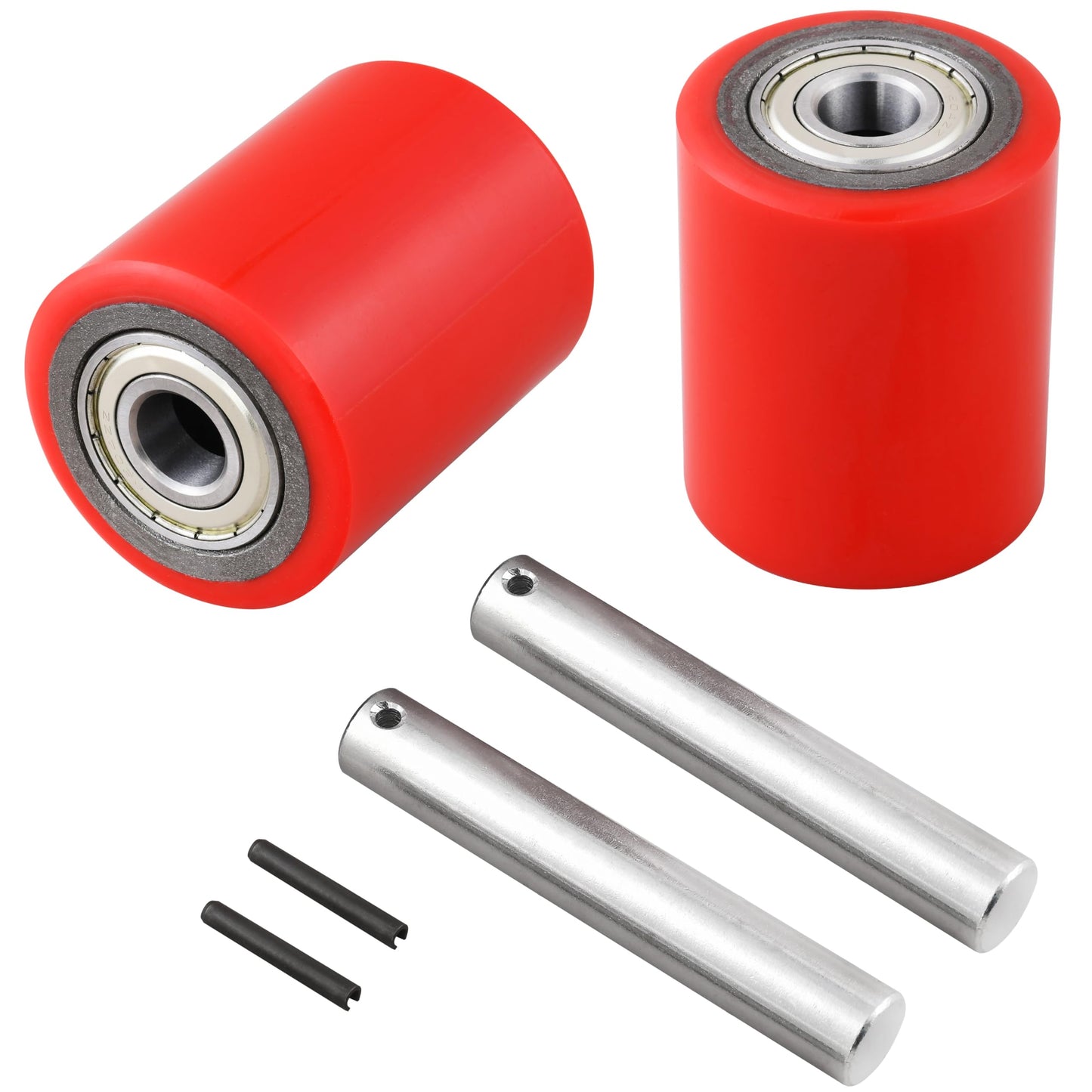 A Pair of Pallet Jack/Truck Wheels 3 x 3.75" (74.5 x 93mm) with Pre-Installed Bearings, 20mm ID PU Tread - Includes Axles and Pins by JackCraft