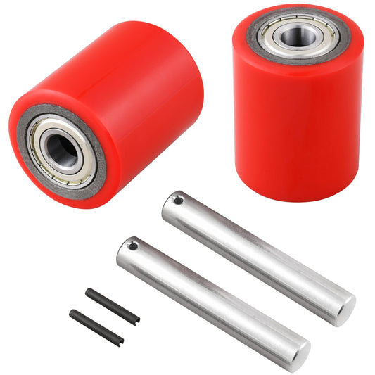 A Pair of Pallet Jack/Truck Wheels 3 x 3.75" (74.5 x 93mm) with Pre-Installed Bearings, 20mm ID PU Tread - Includes Axles and Pins by JackCraft
