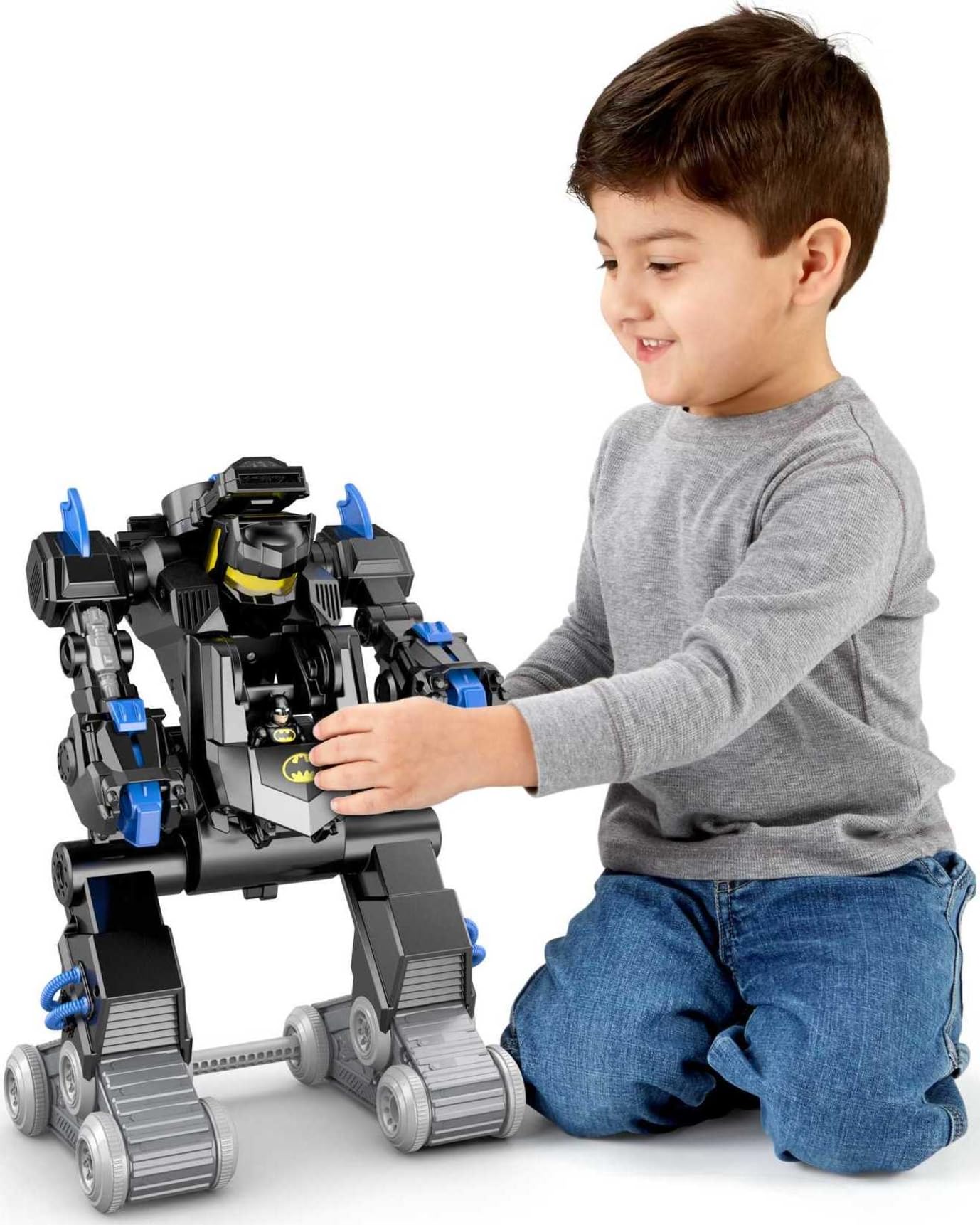 Fisher-Price Imaginext DC Super Friends RC Toy Transforming Batbot 2-in-1 Robot to Vehicle with Lights, Sounds & Phrases, Remote Controller, Plus 1 Small Figure & 4 Launcher Disks