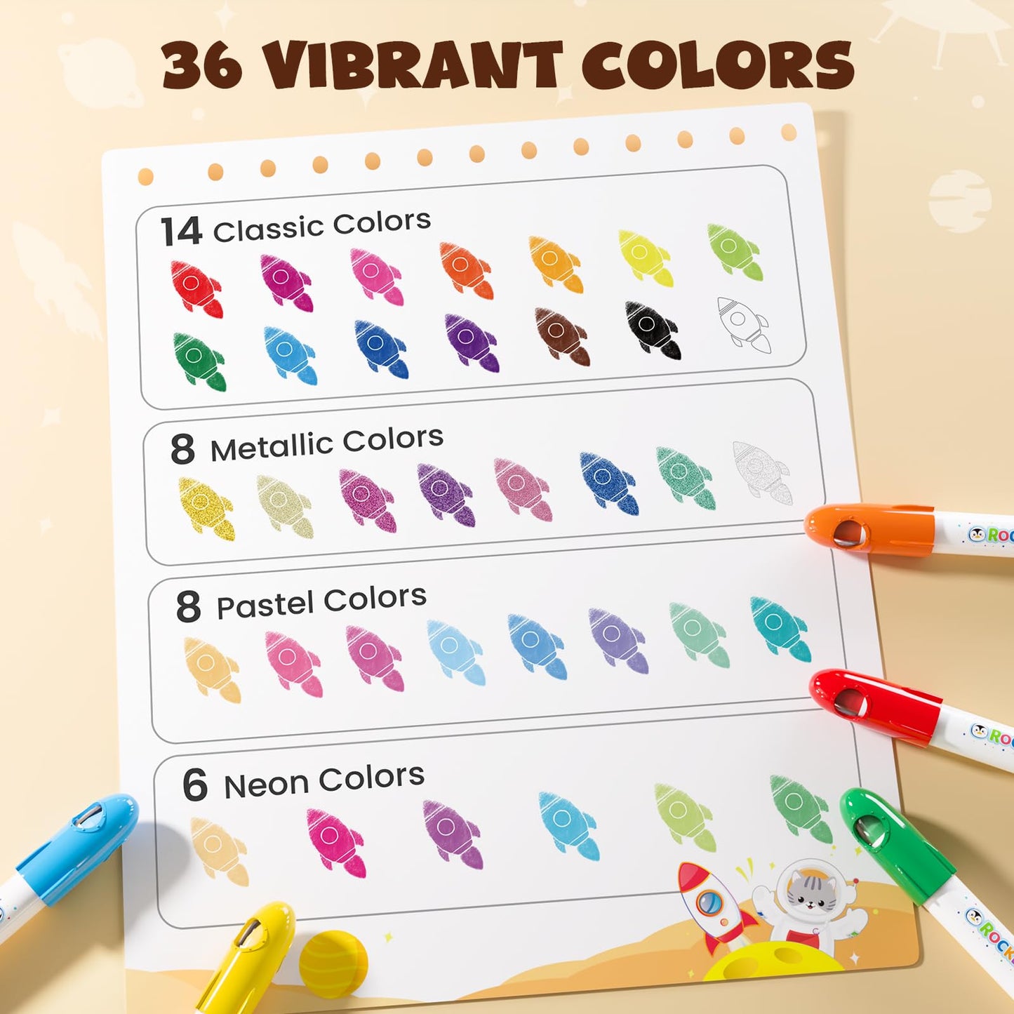 JUPITEARTH 36 Colors Rocket Tempera Paint Sticks with 120 PDF Coloring Pages, Quick Drying, Non-Toxic and Washable Paint Sticks for Kids and Students, Art Supplies for Drawing on Paper and Canvas