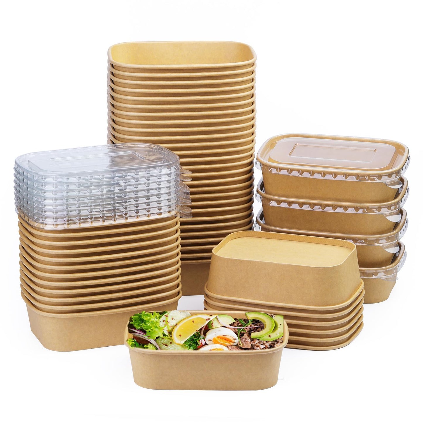 Fniiva 50 Pack 19 oz Paper Bowls, Disposable Food Containers with Lids, Rectangular Disposable Bowls with Lids, Disposable Salad Bowls with Lids for Diet Salad, Ice Cream, Yogurt, Party Food