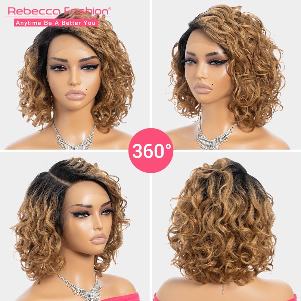 Rebecca Fashion Water Wave Bob Lace Front Wigs Human Hair 13x5.5x0.5 Large C Part Side Lace Front Wigs for Women 100% Brazilian Virgin Human Hair (12inch, Ombre Natural Color to Honey Blonde Color)