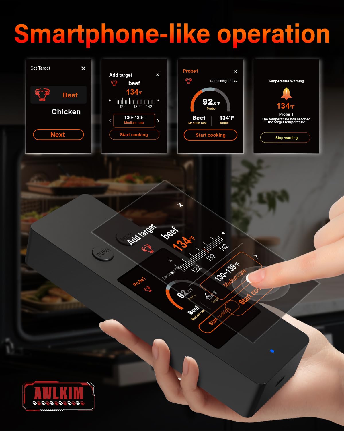 AWLKIM 8-Sensor Smart Wireless Meat Thermometer with Touchscreen Base & Built-In App — Dual Probes, Bluetooth 5.3 800ft Open-Air, IP68, Type-C — Digital Instant-Read for BBQ, Grill, Smoker, Rotisserie